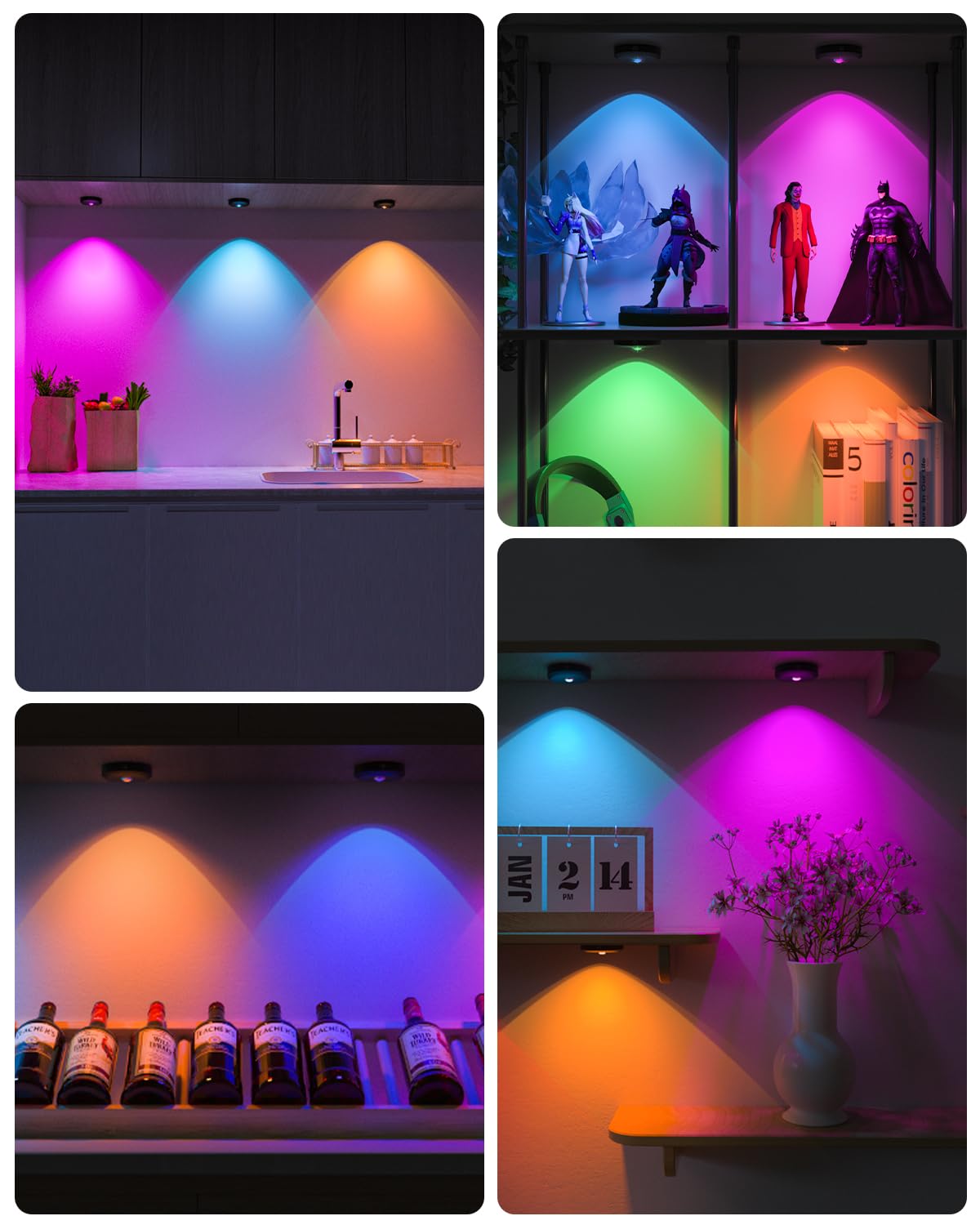 Willed Rechargeable Rgb Puck Lights With Remote Control, 1200Mah Battery Operated Tap Lights, Dimmable Touch Under Cabinet Light