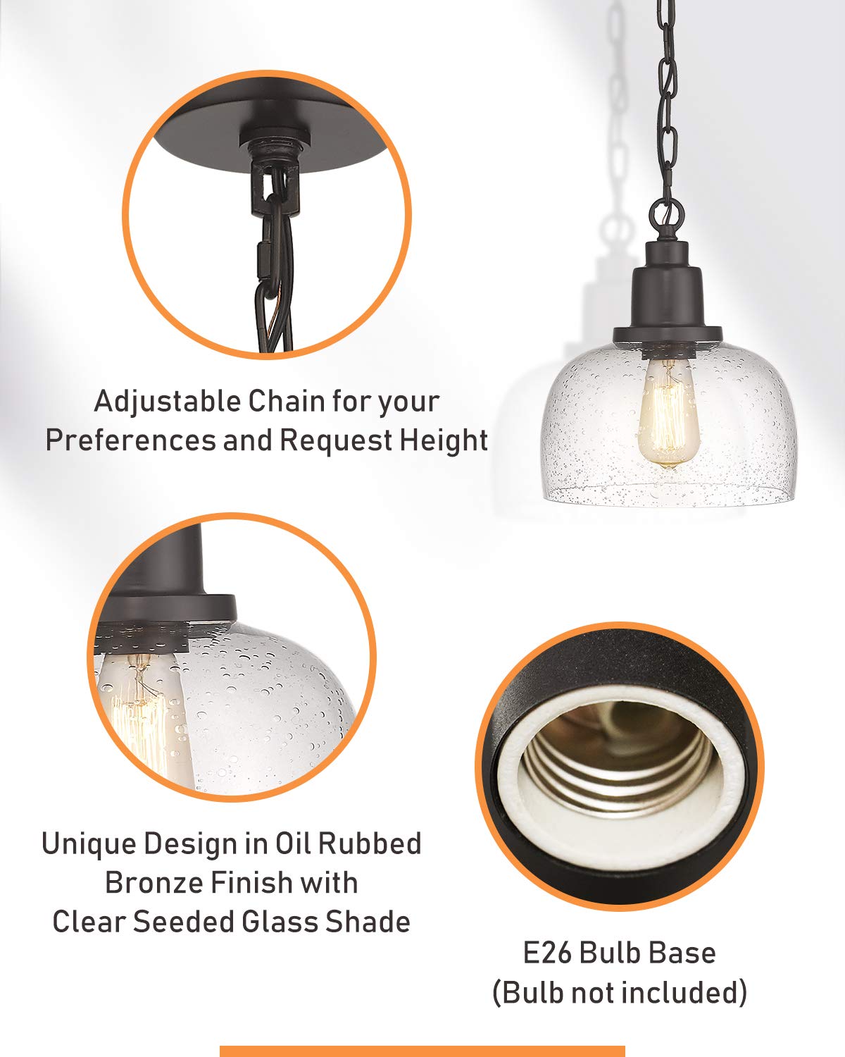 Eapudun Modern Farmhouse Pendant Light, 1-Light Industrial Hanging Light Fixture, Oil Rubbed Bronze Finish With 9.3-Inch Seeded Glass Shade, Pda1127-Orb