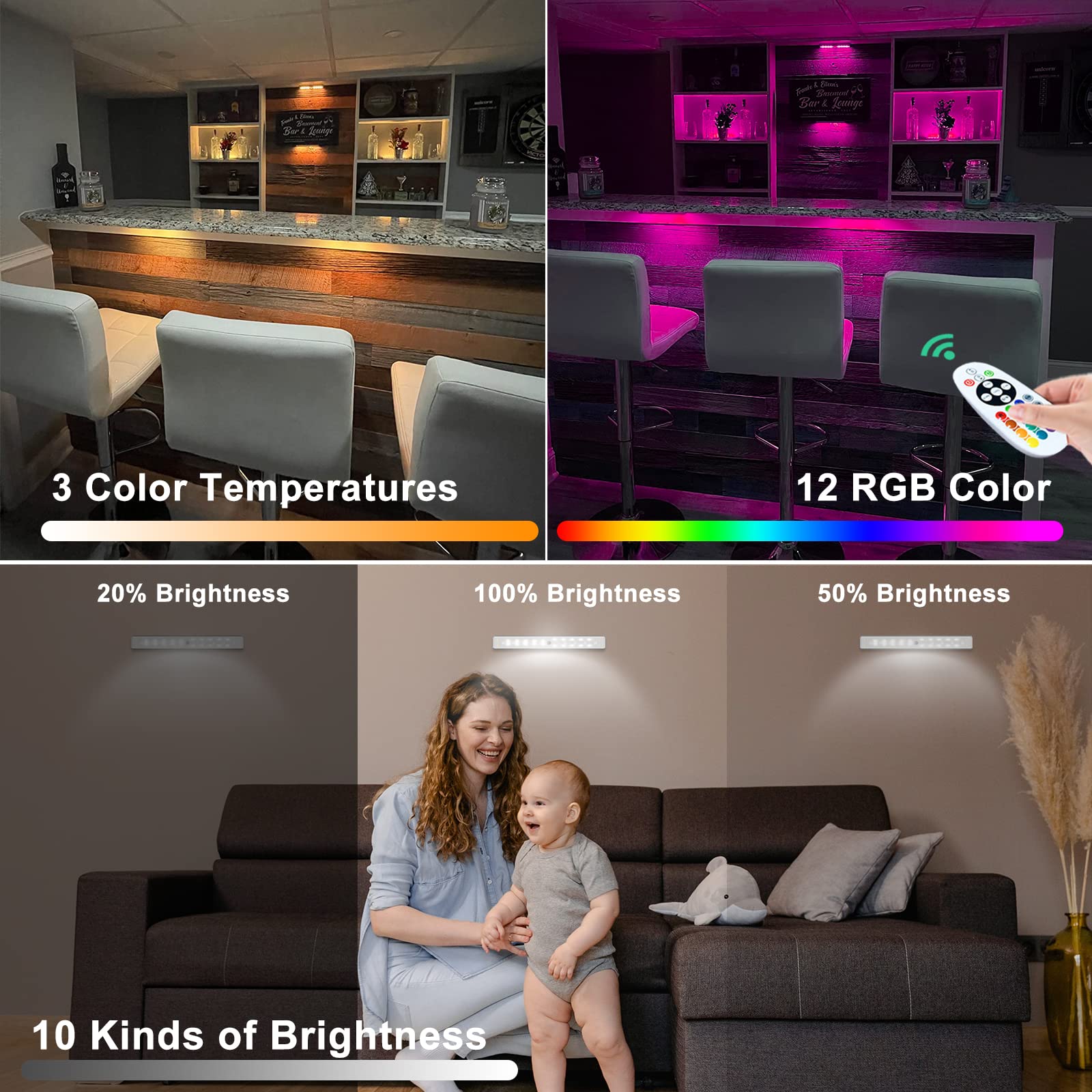 LAJOSO LED Under Cabinet Lights, Dimmable, Wireless, 6 Pack, 15 Color RGB Light Bars, Aluminum, Model 8126
