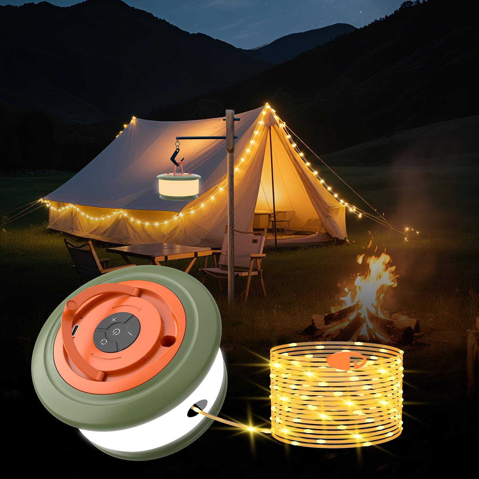 Phylosal Camping String Lights, 3 in 1 Outdoor Light, 6 Modes, 32.8FT, Rechargeable, Green&Orange, Model Ph-L26-Warm-Green&