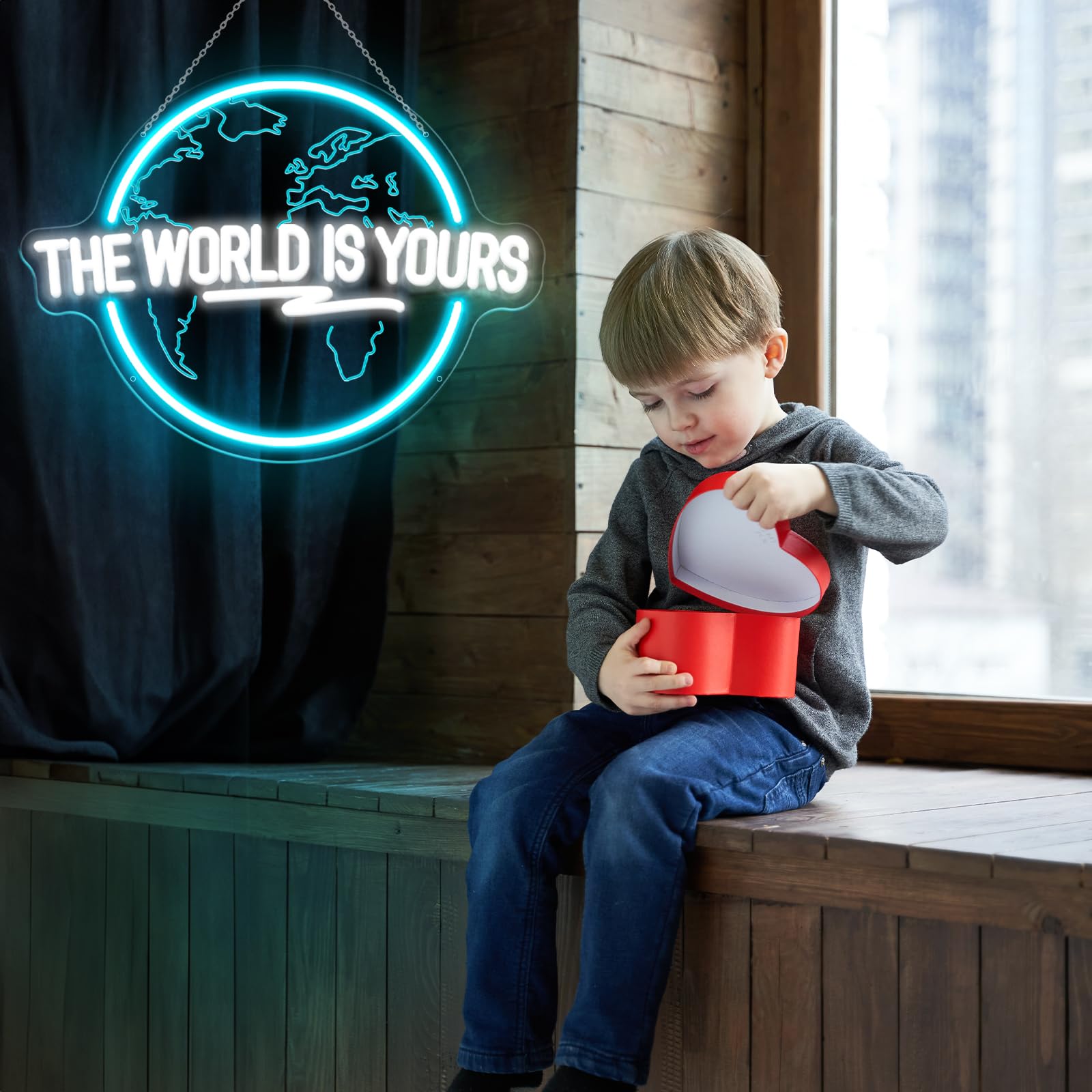 Brochao Neon Sign - The World Is Yours LED Wall Decor, Ice Blue & Cold White, 16.1" x 12.2", Acrylic, Model BRO14-TWIY01-X
