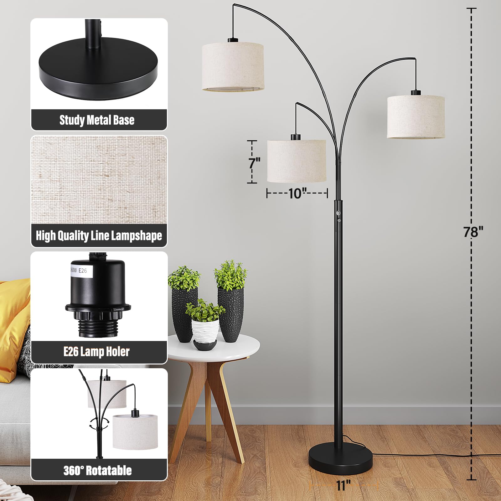 SUNMORY 3 Lights Floor Lamp, 78" Tall Metal Arc Lamp, Black with Drum Shade, Mid Century Design for Living Room, Bedroom, Office