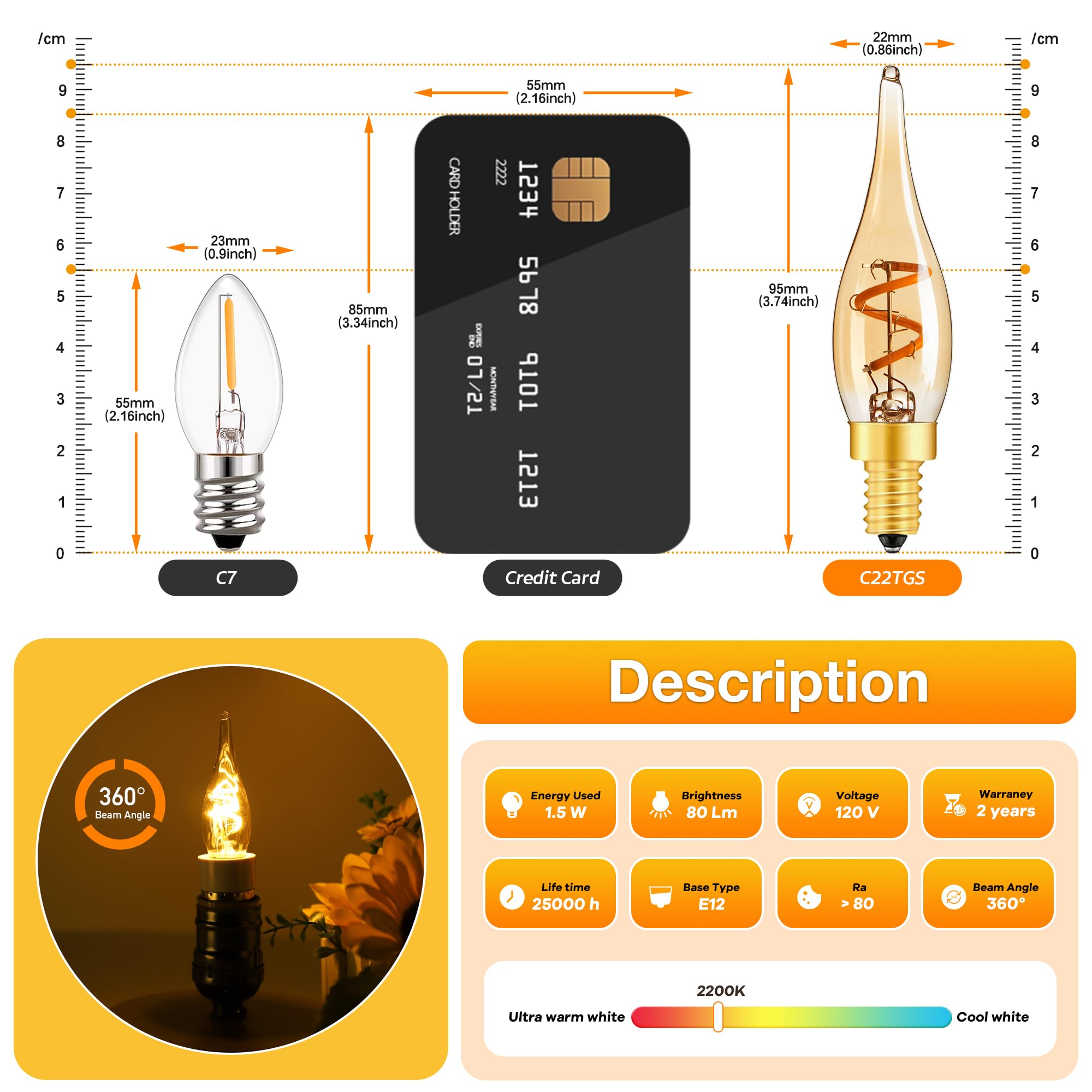 Genixgreen Amber LED Candelabra Bulbs, 15W Equivalent, Glass, C22TG, 2 Count, 2200K Warm Amber