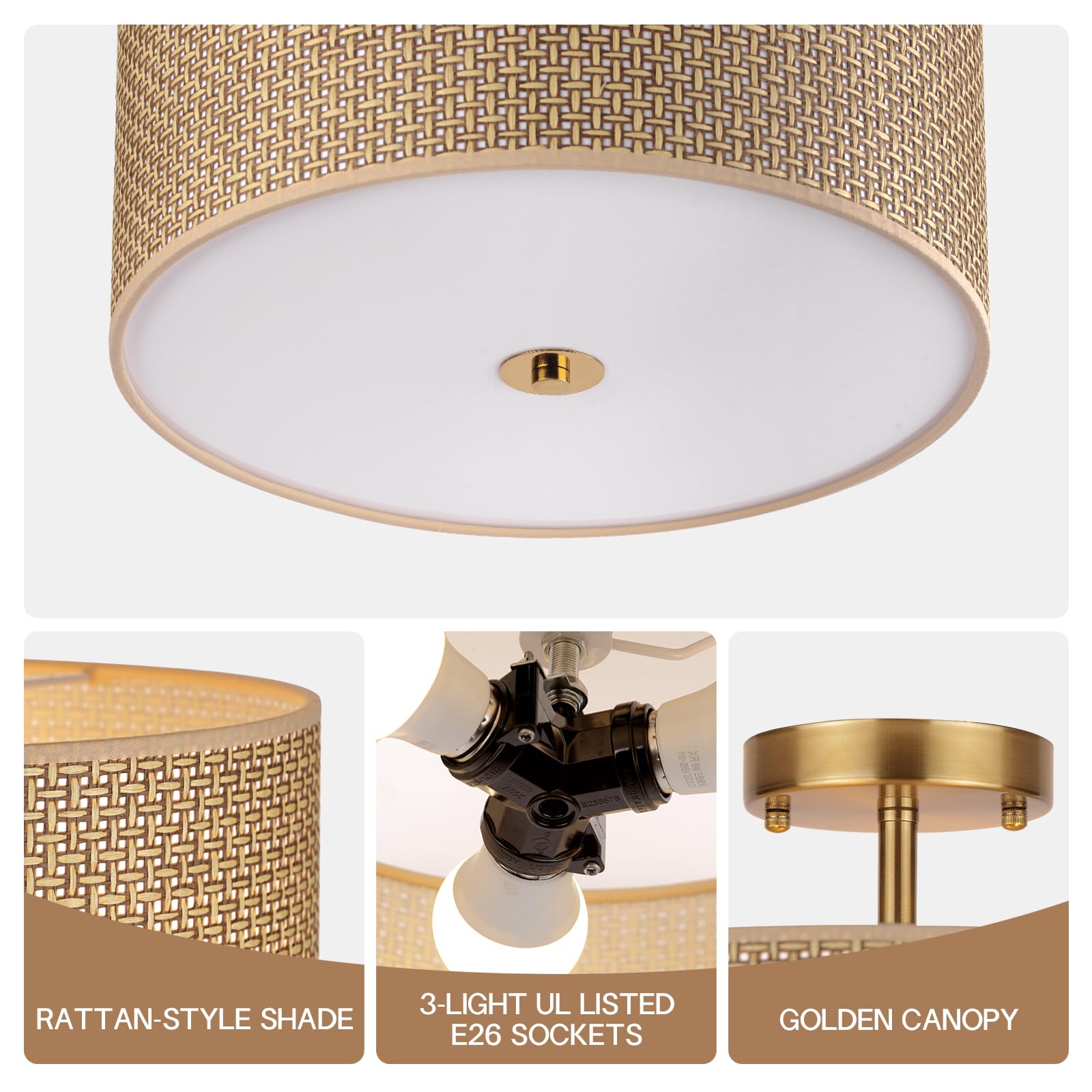 Clarsyne 13 Woven Rattan Boho Ceiling Light Fixture  3-Light Modern Semi Flush Mount Lamp With Drum Fabric Shade  Rustic Brown Lighting For Bedroom  Dining Room  Living Room  Hallway  Entryway