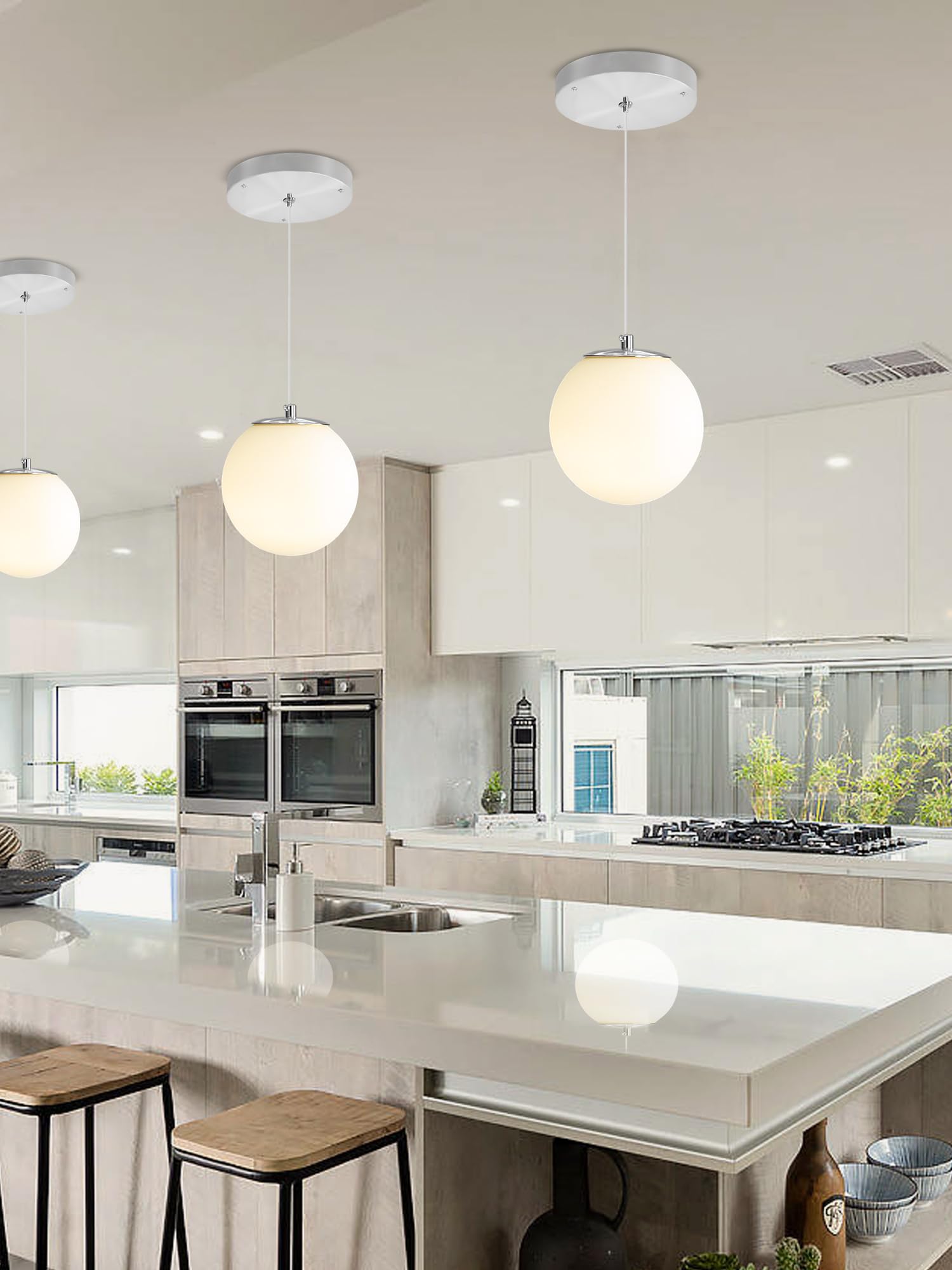 Ykolupty 1-Light Modern Pendant Light Fixtures Silver Chandelier With White Globe Glass Dimmable Ceiling Light Glass Pendant Lig