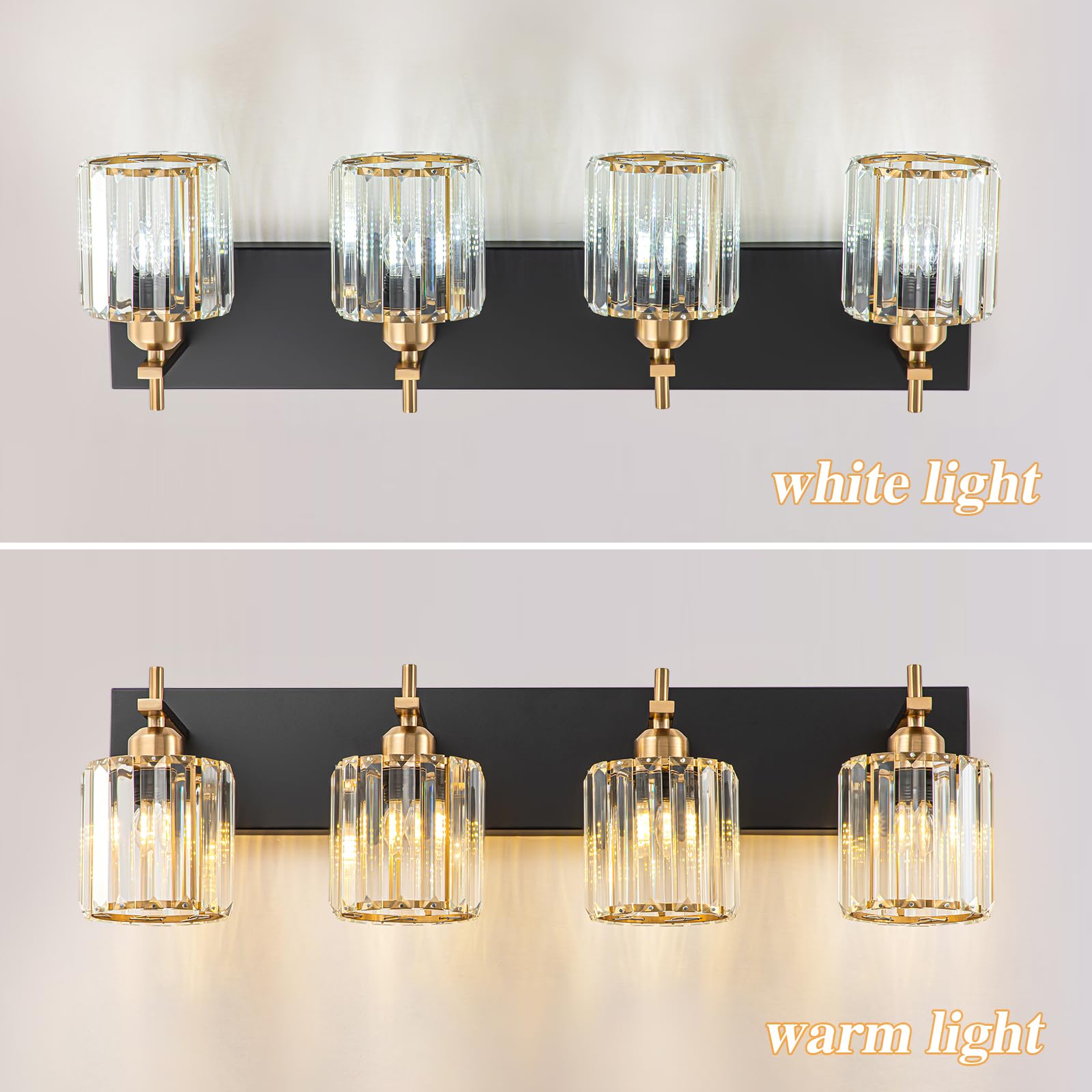 Huoku 4-Light Bathroom Vanity Light, Black Gold Crystal Wall Fixture, Modern Design, Polished Gold Finish