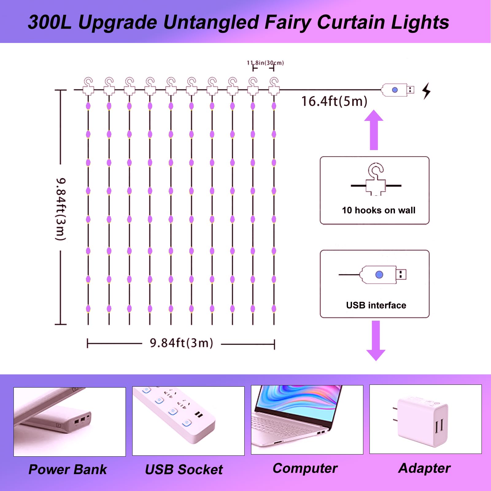 Sinamer Pink Curtain Light With Untangled Wires For Bedroom, 300Led 9.8Ft X 9.8Ft Window Fairy Curtain String Light With 16 Hooks, 8 Models Remote Control For Wedding Party Home Garden Indoor Decor