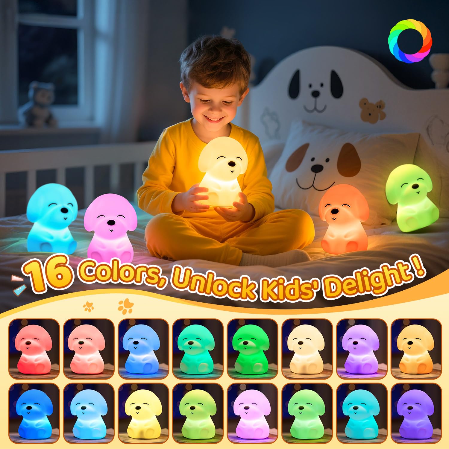 Mubarek Dog Night Light - Soft Silicone, Dimmable, Rechargeable, 16 Colors, Timer - Perfect Christmas Gift for Kids