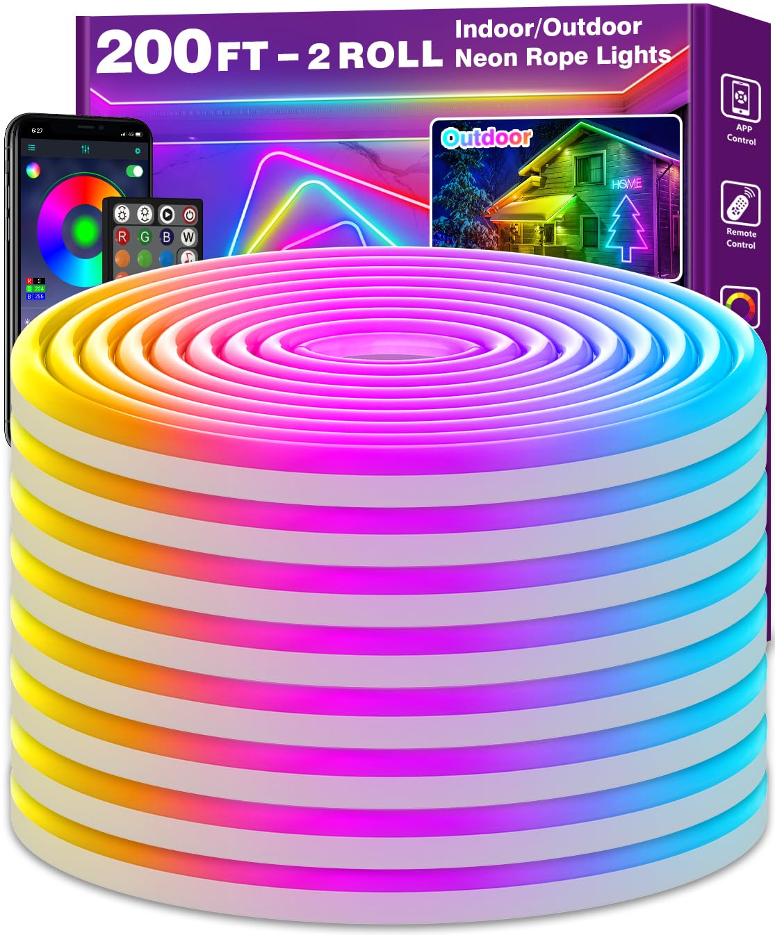 AILBTON 200Ft Neon Rope Lights, Flexible LED with App/Remote Control, RGB, IP65 Outdoor, Music Sync, 20FT-Led Neon