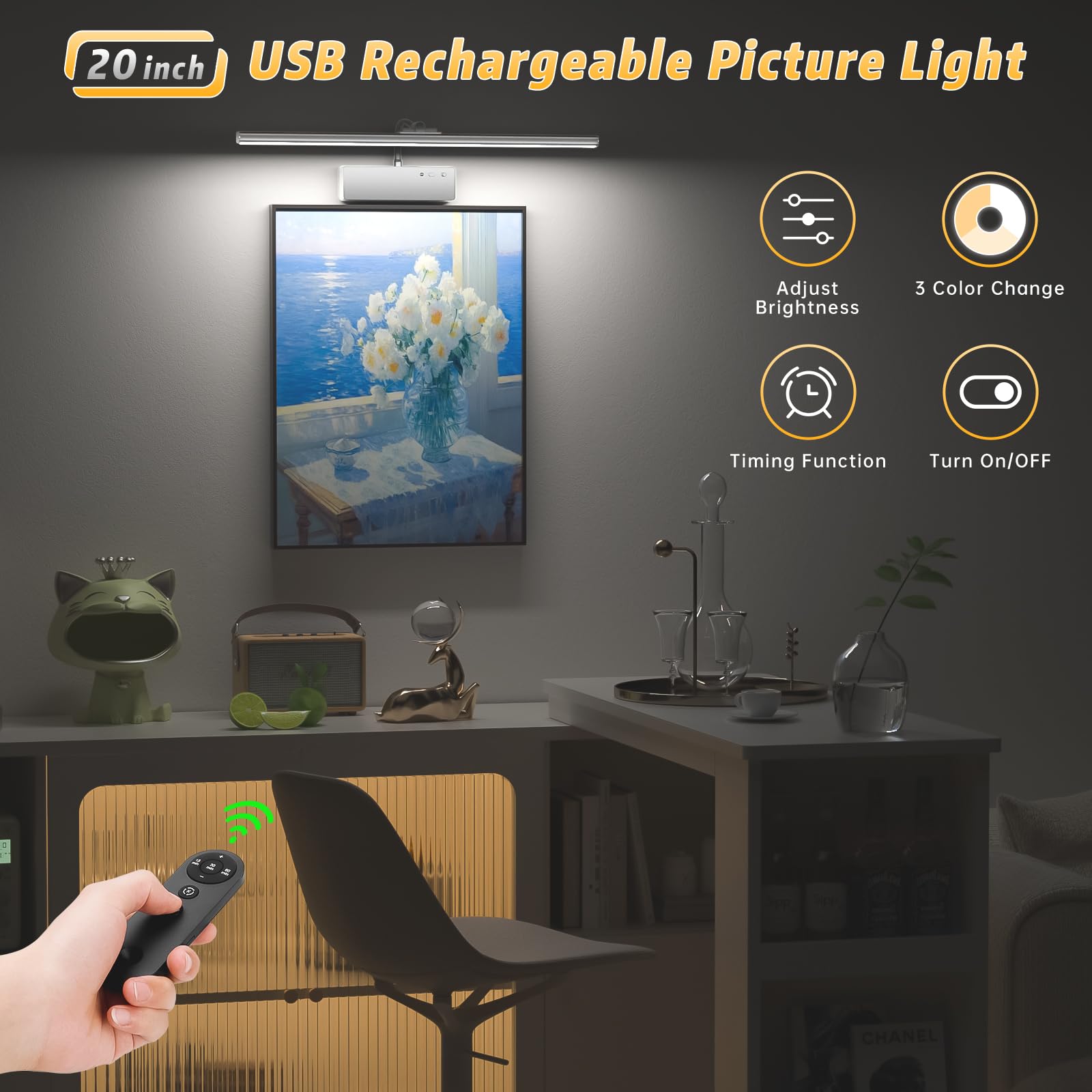 Lightbiz 20 Wireless Rechargeable Picture Light with Remote - Dimmable Metal Art Light in Silver for Paintings and Gallery Display