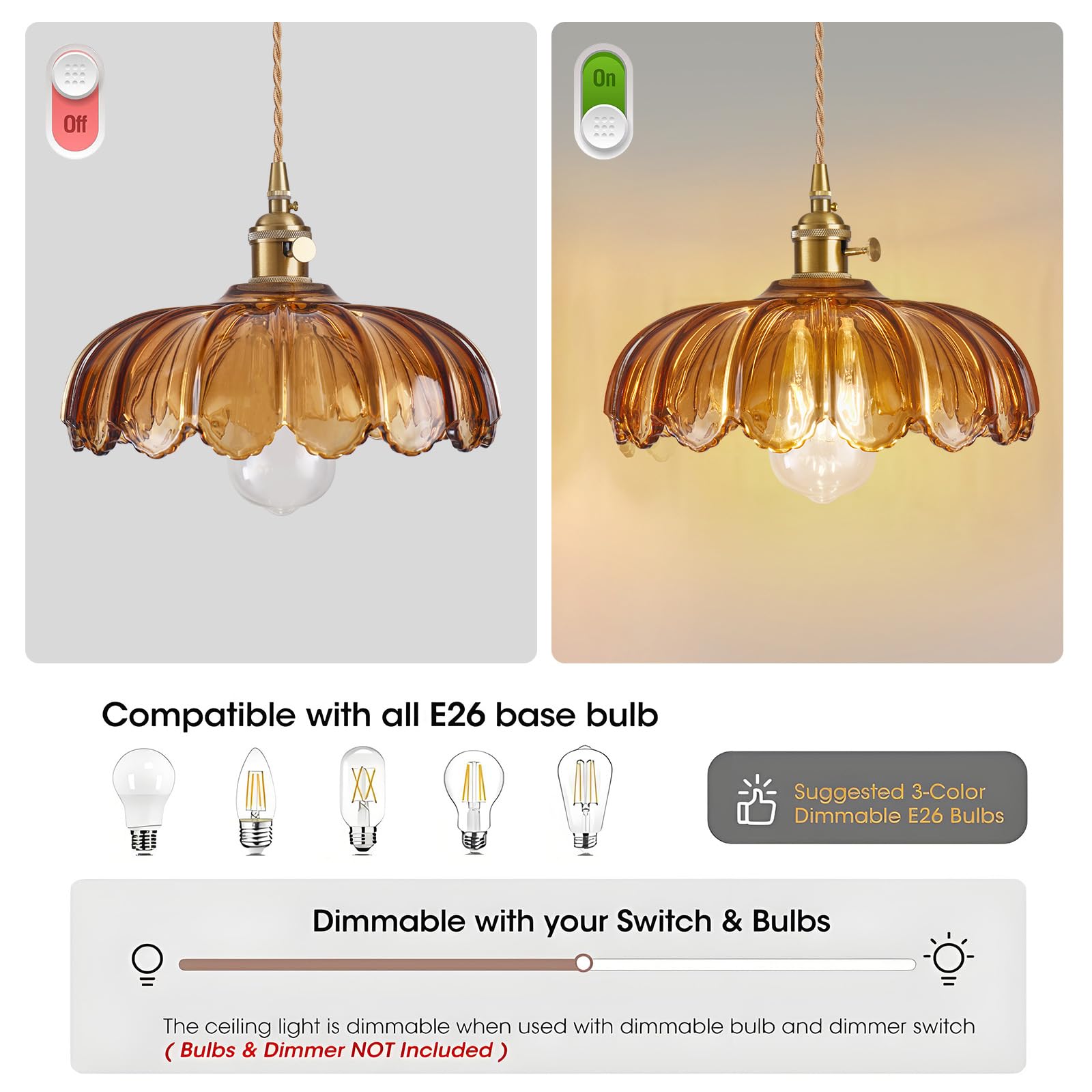 Beser·Win Pendant Light - Amber Glass Hanging Fixture with Plug-in Cord, Brown, E26 - Ideal for Kitchen Island, Bedroom, Dining Room