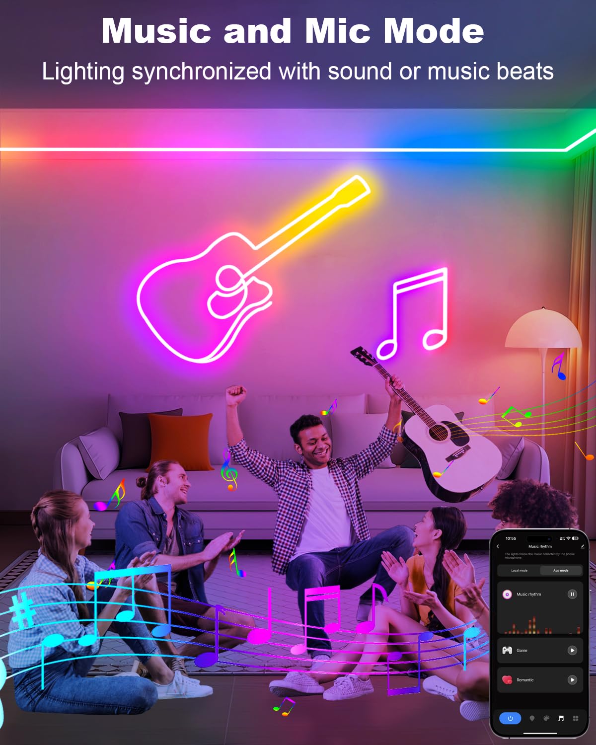 Echosari Neon Rope Lights Rgb Color Changing Ic, 33Ft Led Neon Rope Light Outdoor With Music Sync, 64 Scene Modes For Bedroom Pa