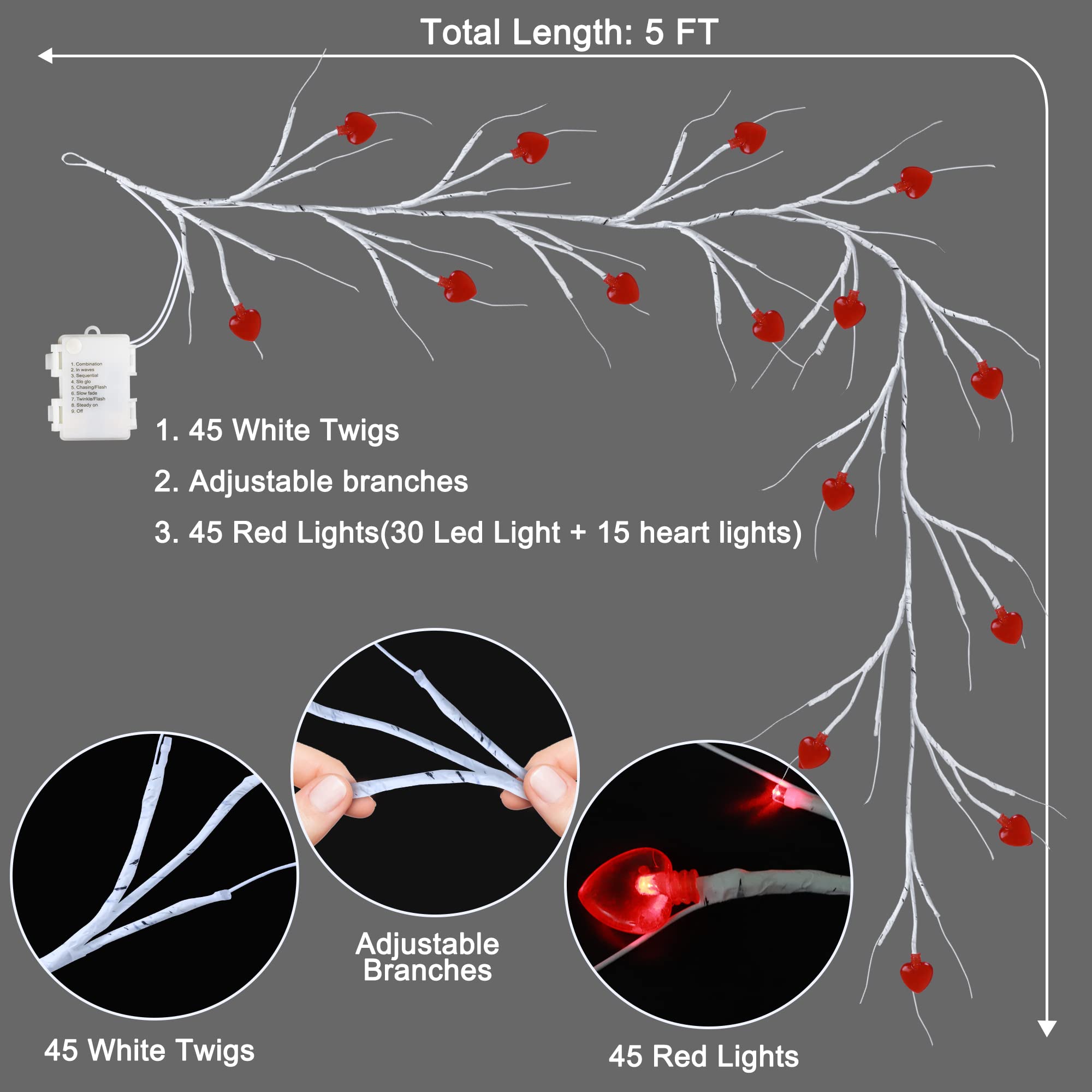 Mosoan 5FT Valentines Day Willow Vine with Red Heart Lights, 45 LED Battery Operated, 8 Modes Romantic Decor for Home and Table