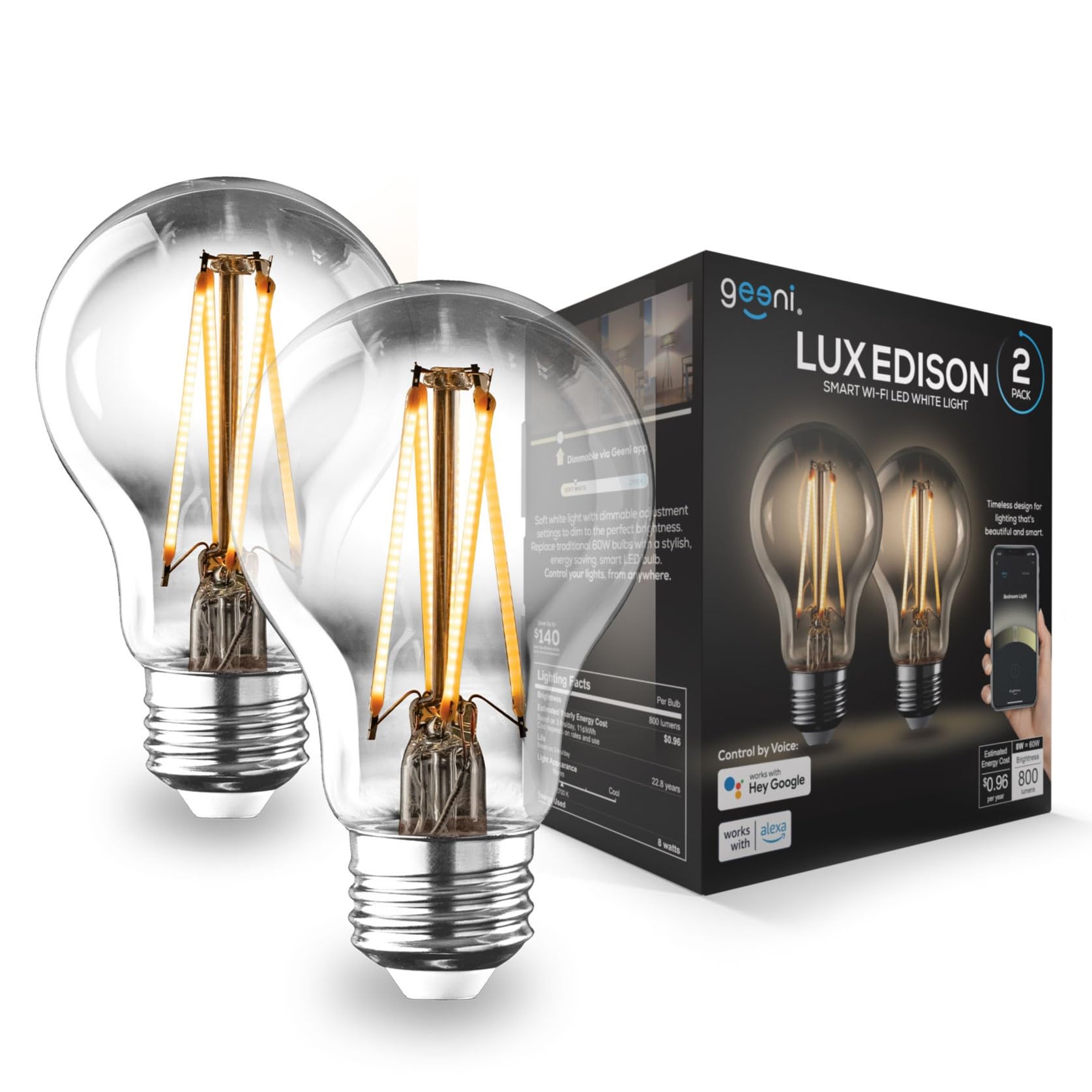 Geeni LUX Edison WiFi LED Edison Smart Light Bulb, Soft White (2700K), 2-Pack - Dimmable LED Bulbs, A19, 60-Watt Equivalent, No 