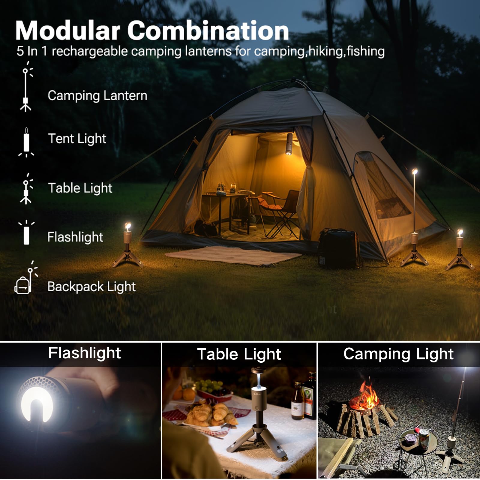 Outask Camping Light TD-1 - Telescopic Magnetic Lantern, 12000mAh Battery, IPX6/IPX7 Waterproof, Military Green