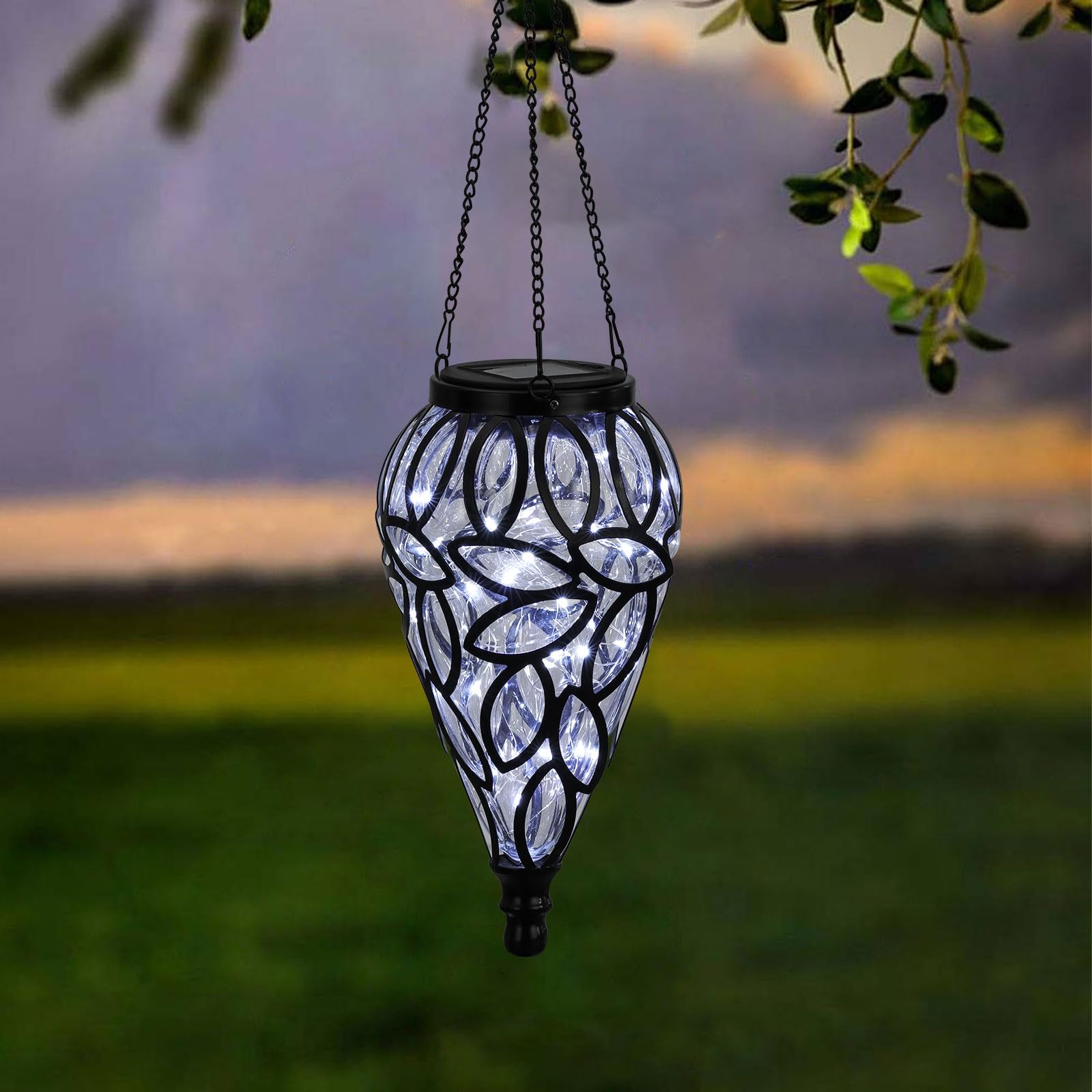 Solar Hanging Lantern Outdoor Lights, Tear-Shaped 15 Leds Cool White Hanging Lights With S Hooks Decor In Garden, Yard, Pathway,