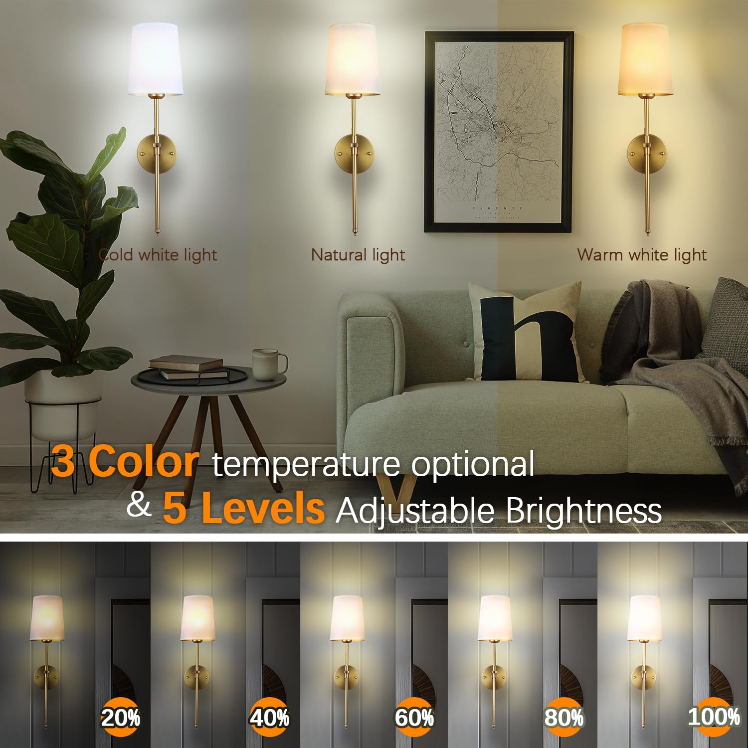 Troconce Wall Lights Battery Operated Wall Sconces Set Of 2, Gold Rechargeable Wall Sconce With 15 Rgb Dimmable Detachable Bulbs