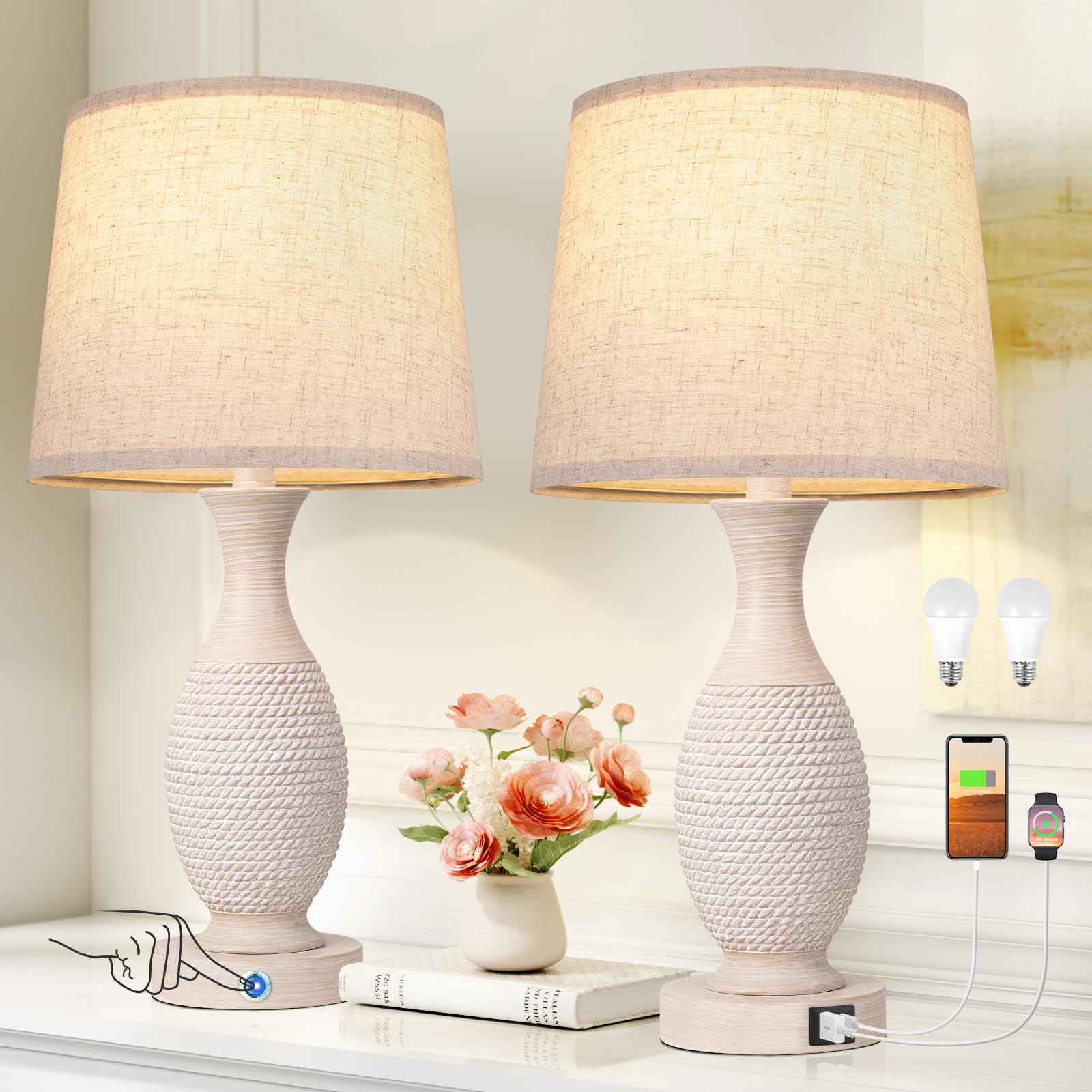Farmhouse Table Lamps for Bedroom - Bedside Lamps Set of 2 with USB C+A, 3-Way Dimmable Touch Lamps for Night Stands Living Room