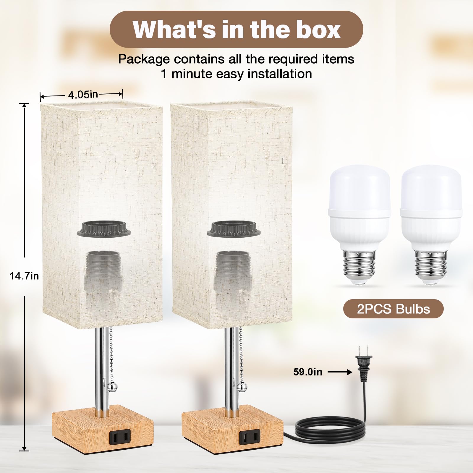 Fenmzee Table Lamp For Bedroom Set Of 2 Nightstand - 3 Color Bedside Lamps With Ac Outlets For Charging, Square Wooden Night Sta