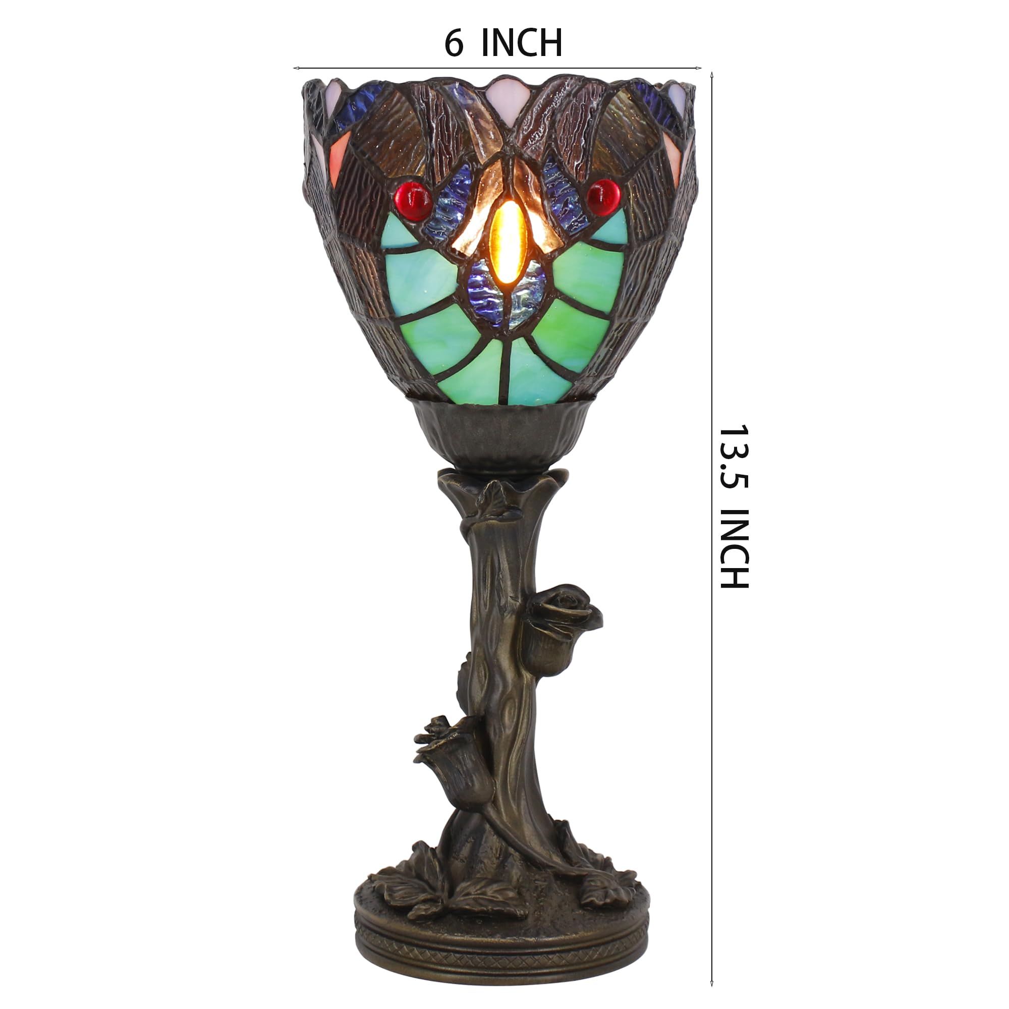 Avivadirect Small Tiffany Lamp Mini Stained Glass Table Lamp Green Liaison Accent Desk Uplight W6 H13.5 Inch Bronze Resin Base