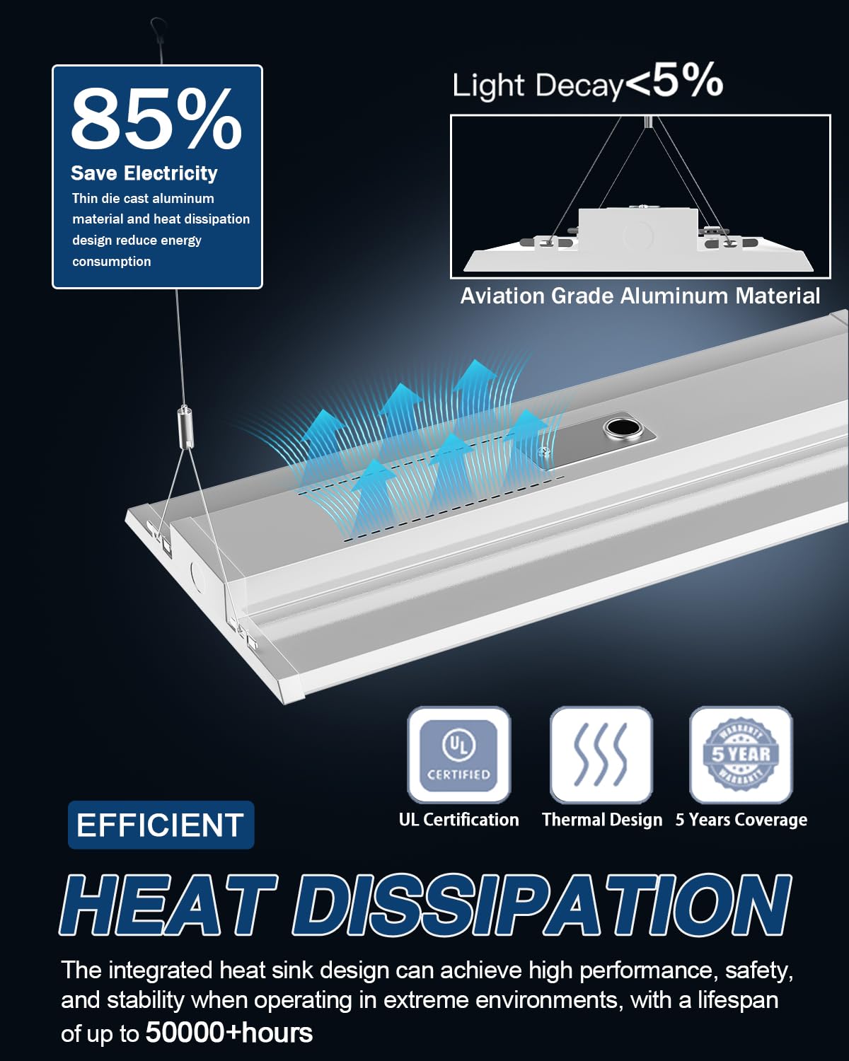 G GJIA LED Linear High Bay Light 4-Pack, 300W, 45000LM, Dimmable, 5000K Daylight, Aluminum, White, UL Listed