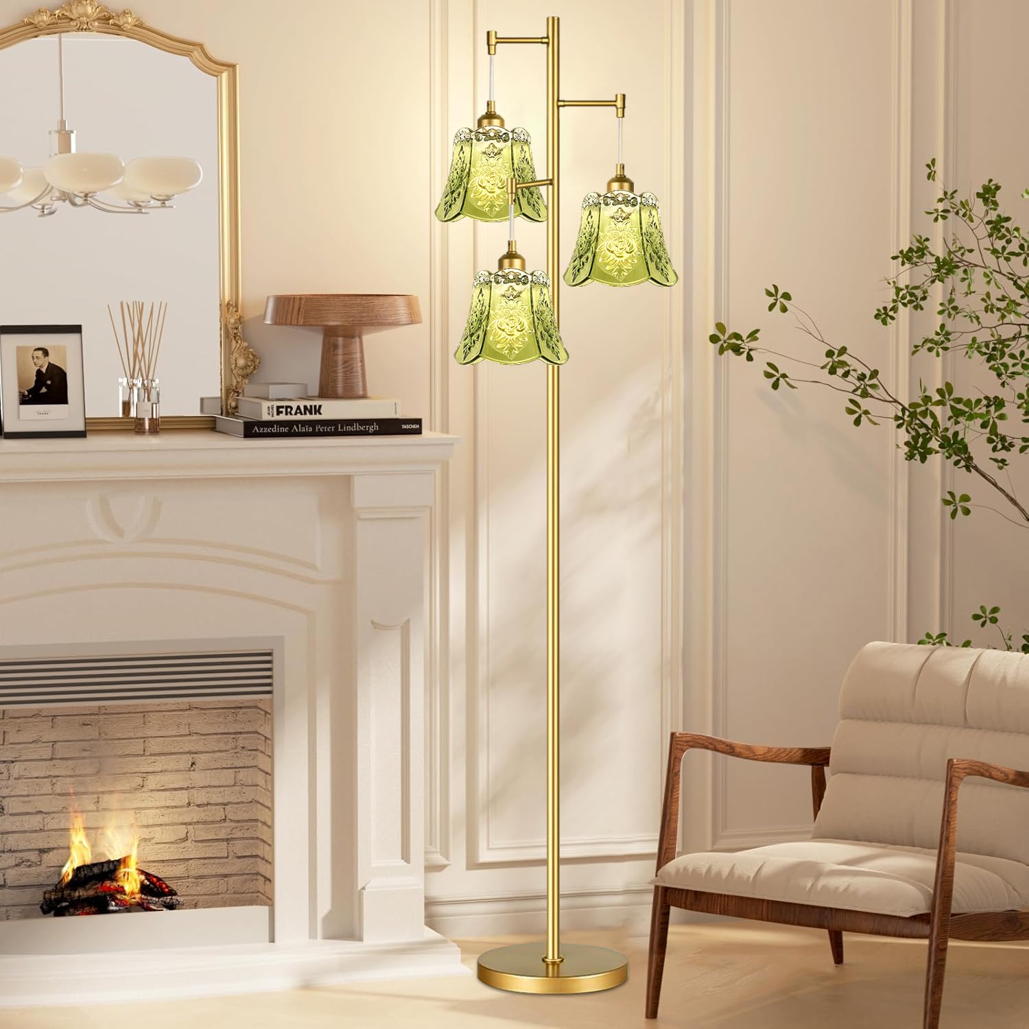 ILLMTW Glass Floor Lamp, 3 Light Brass Tree Design, Gold, Tall 4-Floor Lamp, Vintage Retro Style with Green Flower Shade