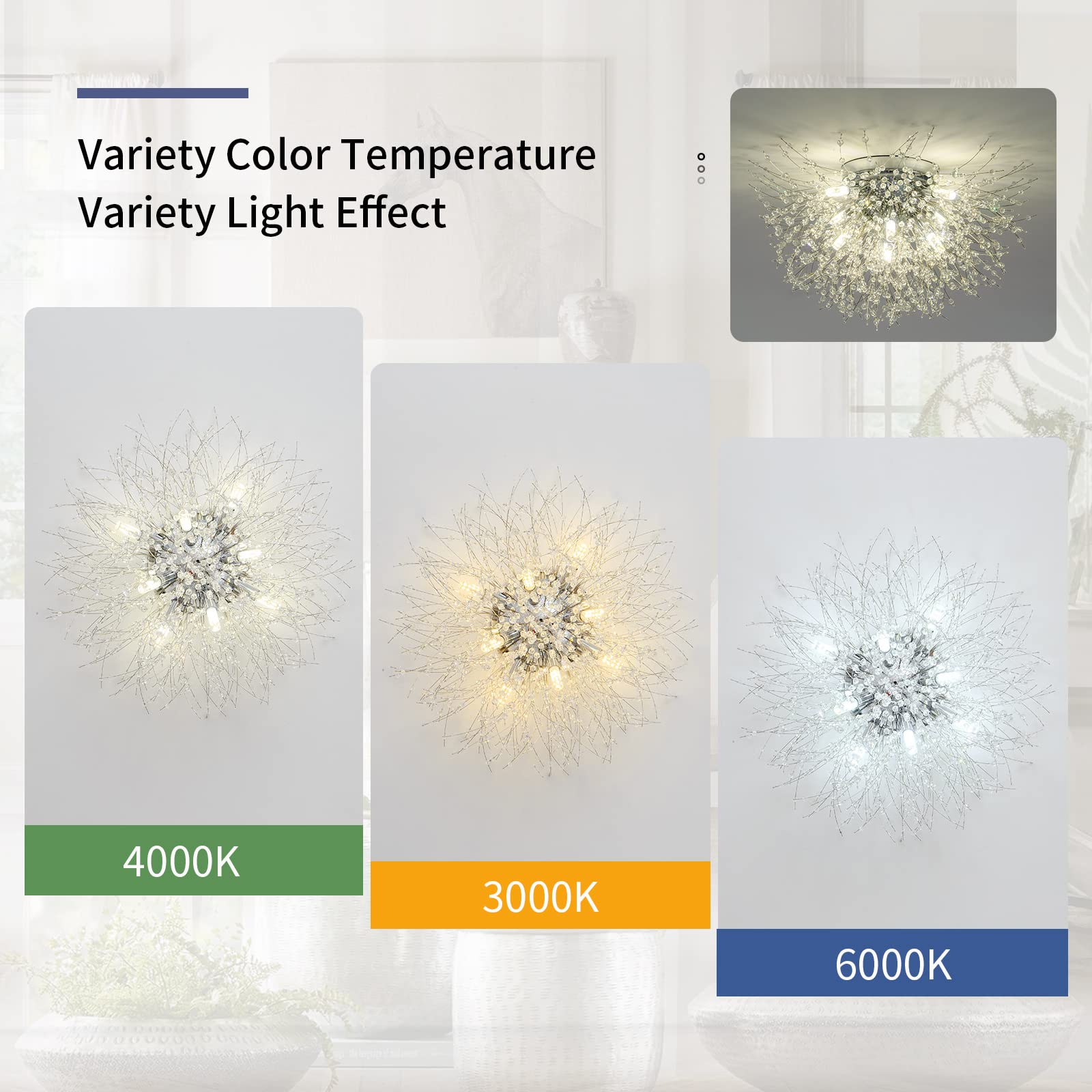 Sputnik Flush Mount Ceiling Light Fixtures, Modern Chrome Crystal Firework Chandelier, 8-Light Close To Ceiling Lighting Fixtures For Bedroom Kitchen Hallway Entryway(H11.8'' X W21.5'')