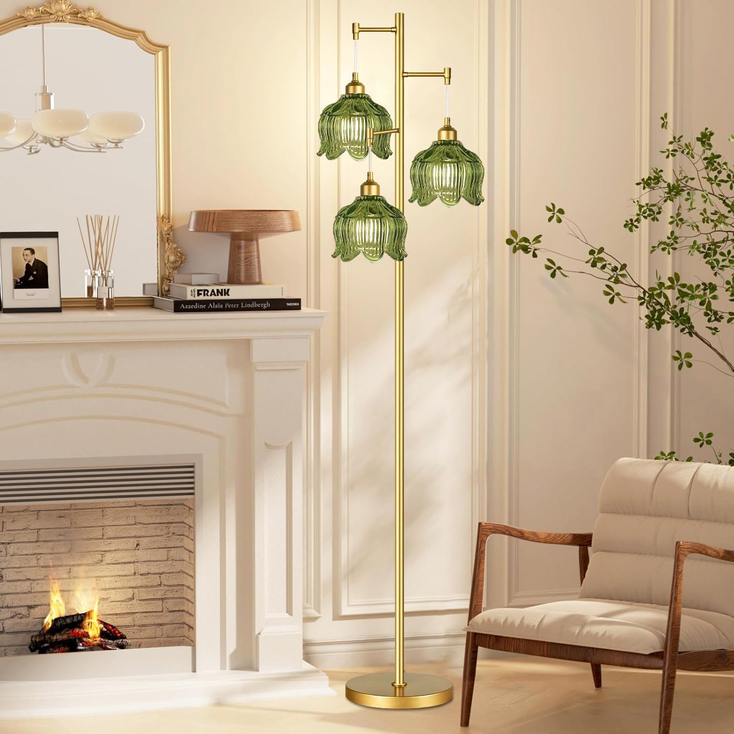 QIYIZM Gold Floor Lamp - Mid Century Modern 3-Light Metal Standing Lamp, 23" Tall, Vintage Retro with Green Glass Flower Shade