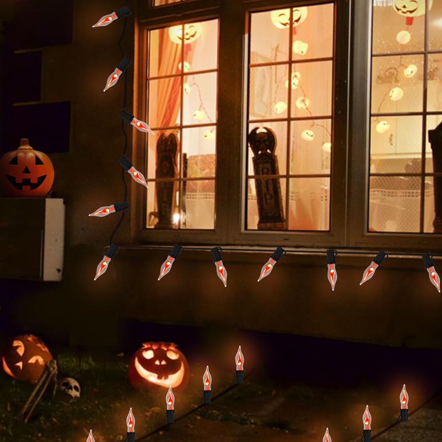 27.8Ft Halloween Flame Lights Flickering Flame String Lights With 25 Pack Clear Glass Flame Light Bulbs, Flame Lights For Christmas Halloween Decorations Indoor Outdoor Home Party (2 Spare E12 Bulbs)