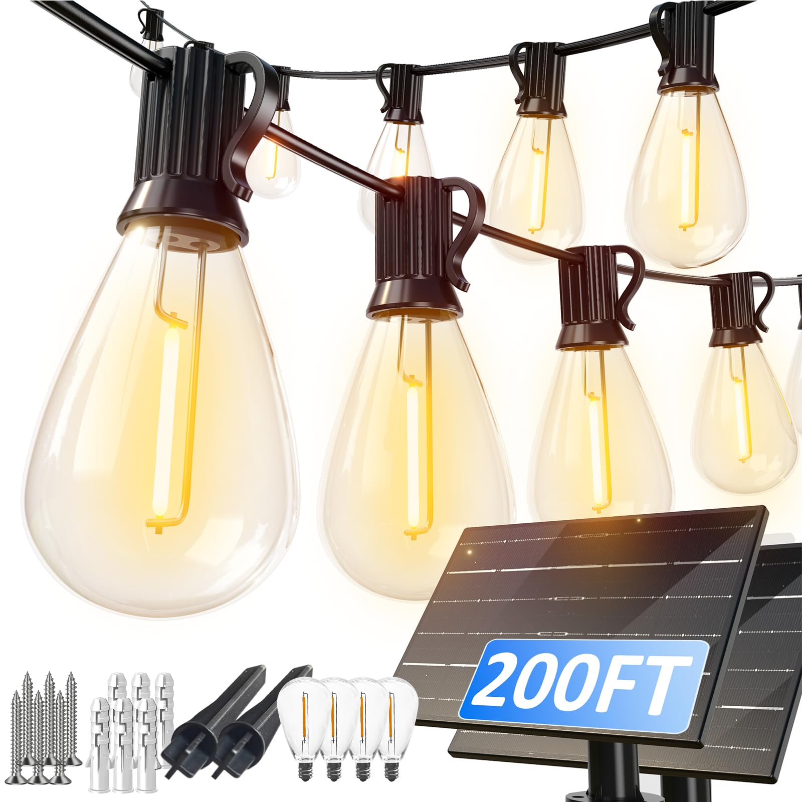luckystyle Solar String Lights 200FT Waterproof Black 72+4 LED Bulbs Commercial Grade Model LK-S11-200