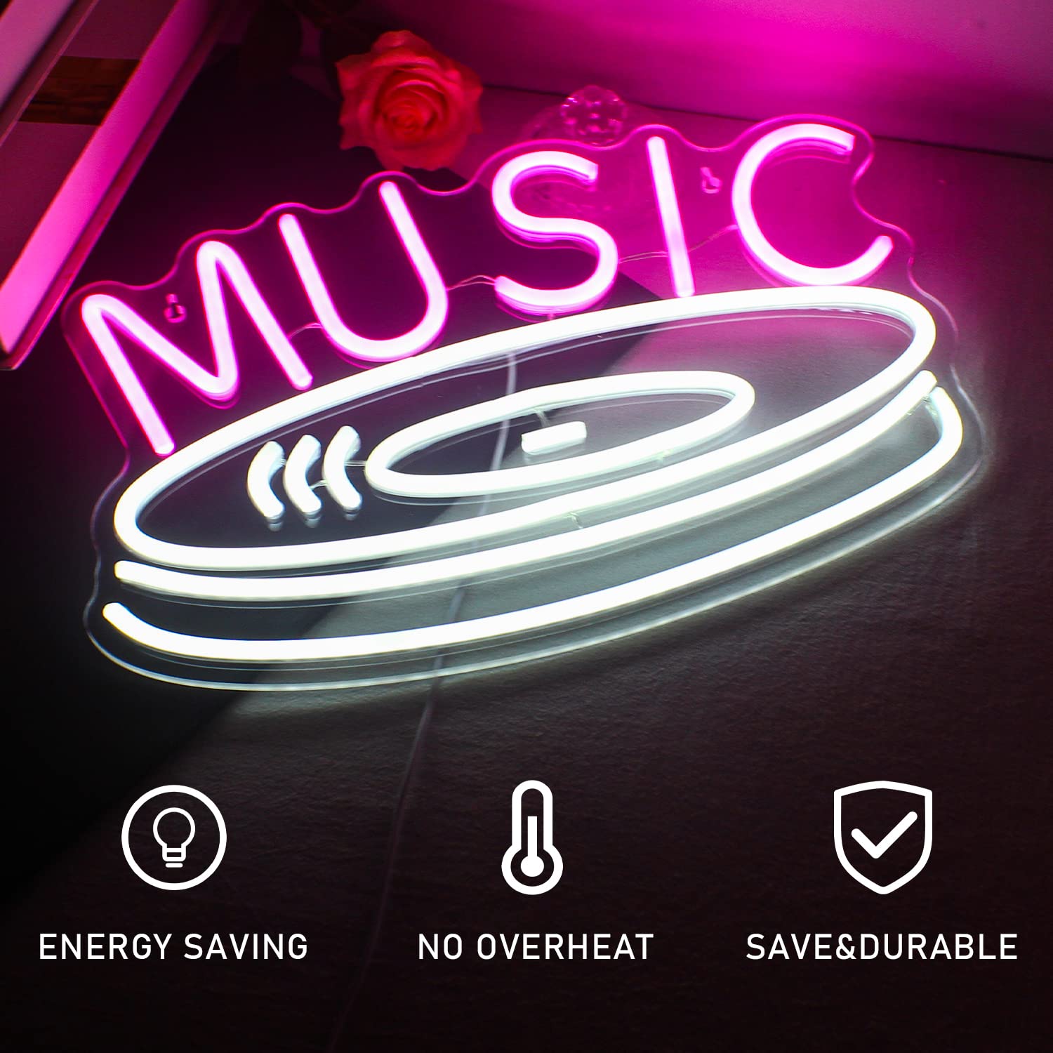 FAXFSIGN Neon Music Record Sign - Pink White LED Light for Wall Decor, Acrylic, Colorful, Ideal for Bedroom, Studio, Kids Room, Party