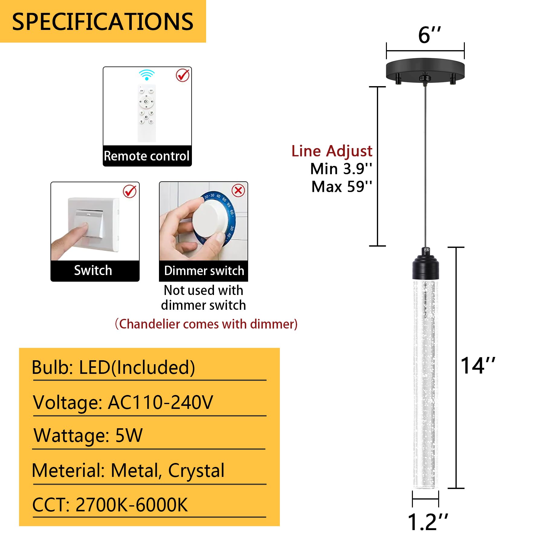 dolria Mini Chandelier Crystal Pendant Light, Dimmable, 1 Light, Black, Model PC0008-1T-B for Kitchen Island/Dining Room