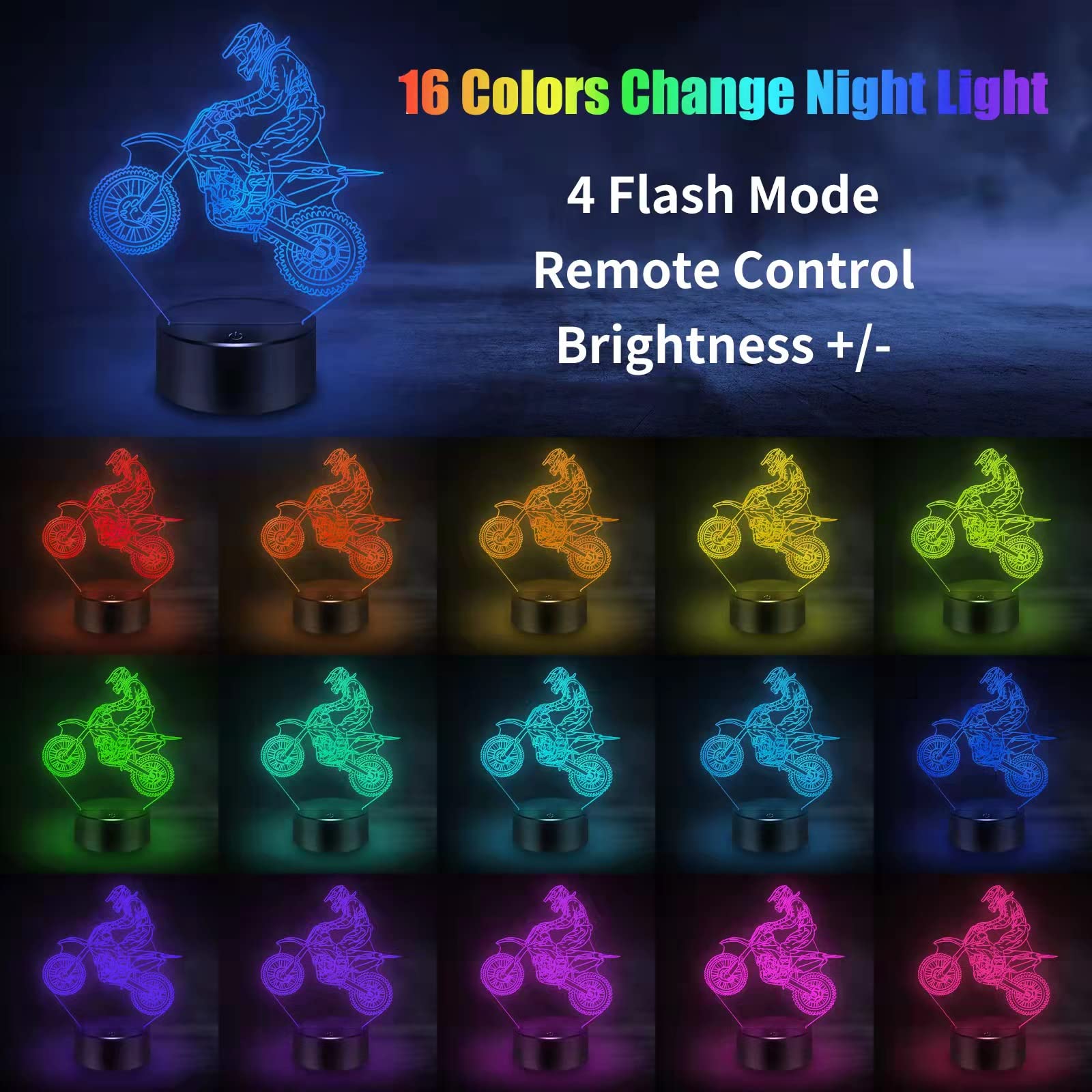 BASSI 3D Night Light Motorcycle Lamp, Remote Control, 16 Colors, Acrylic, Dirt Bike Decor for Kids, Model bassi-1029