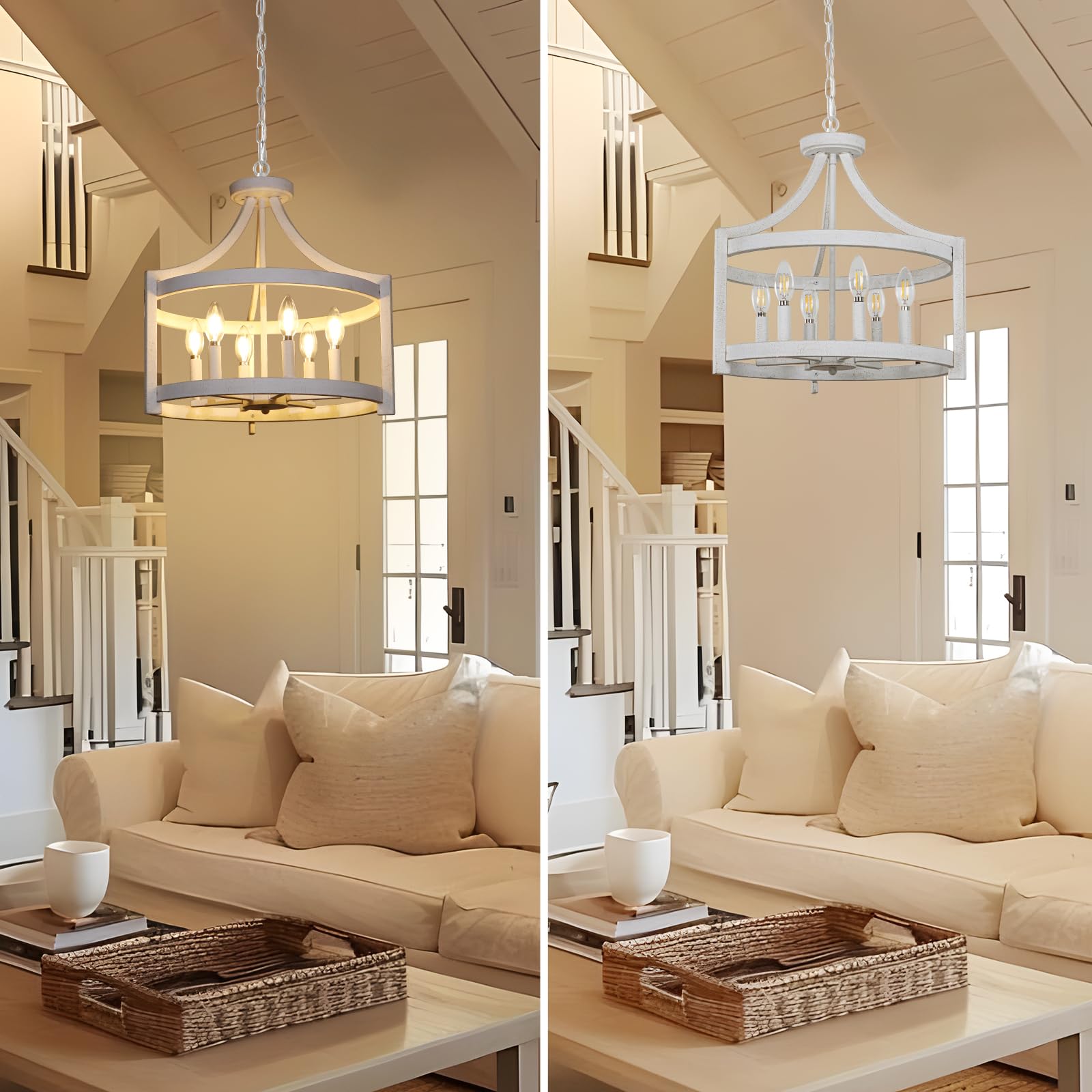 KMaiPem 6-Light Vintage White Farmhouse Chandelier, Metal Pendant Light Fixture for Dining Room, Entryway, Rustic Style