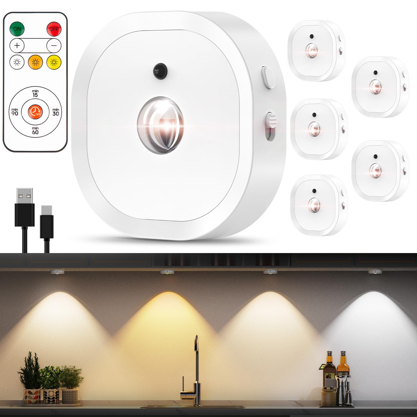 Rechargeable Puck Lights with Remote Control,1500mAh Battery Operated Tap Lights,3 Color Temps & Dimming Push Lights,LED Puck Li