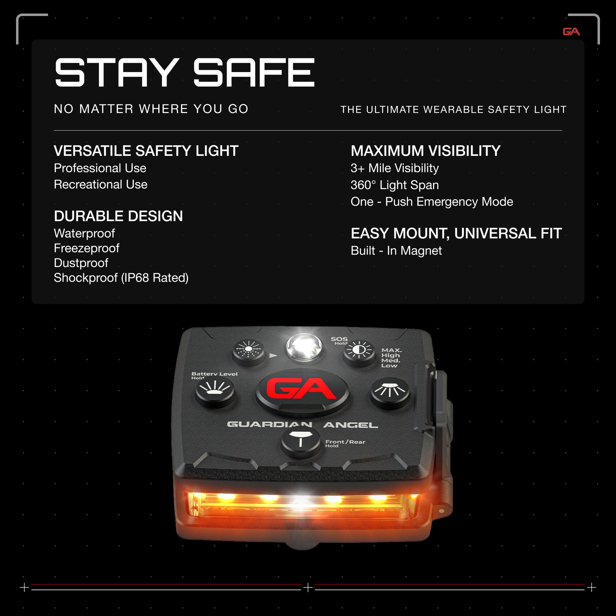 Guardian Angel Micro Series Safety Lights, Beacon Device (Orange Front & Orange Rear) | Rechargeable, Magnetic, Hands-Free Weara