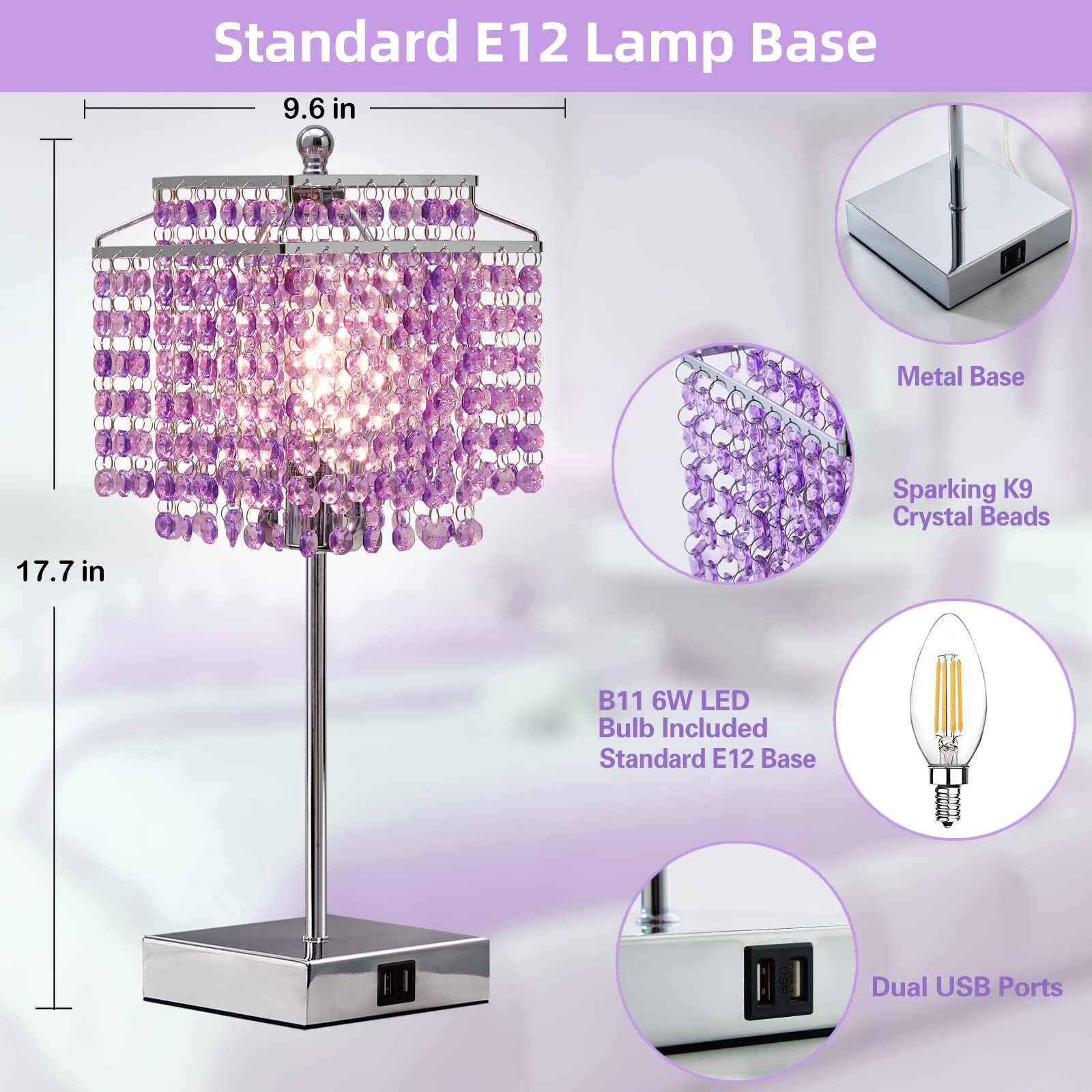 Luvkczc Purple Bedside Crystal Table Lamp Set Of 2, Touch Control Crystal Lamps, 3-Way Dimmable Lamp With Crystal Shade For Bedr