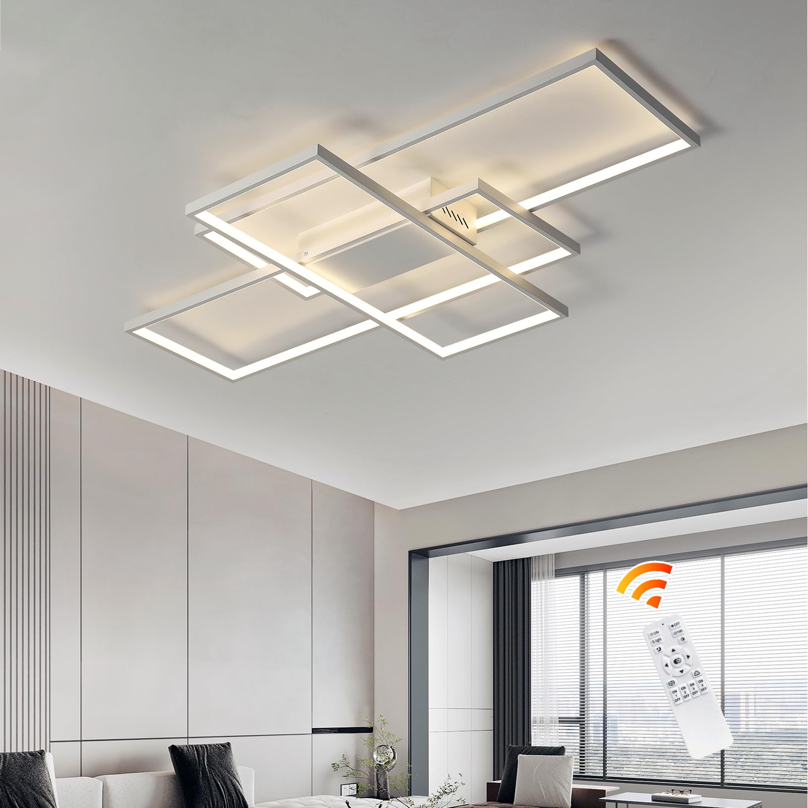 Geadi Modern Dimmable Ceiling Light, 35.4'' White Led Ceiling Light Fixtures With Remote Control, 50W Rectangle Flush Mount Ligh