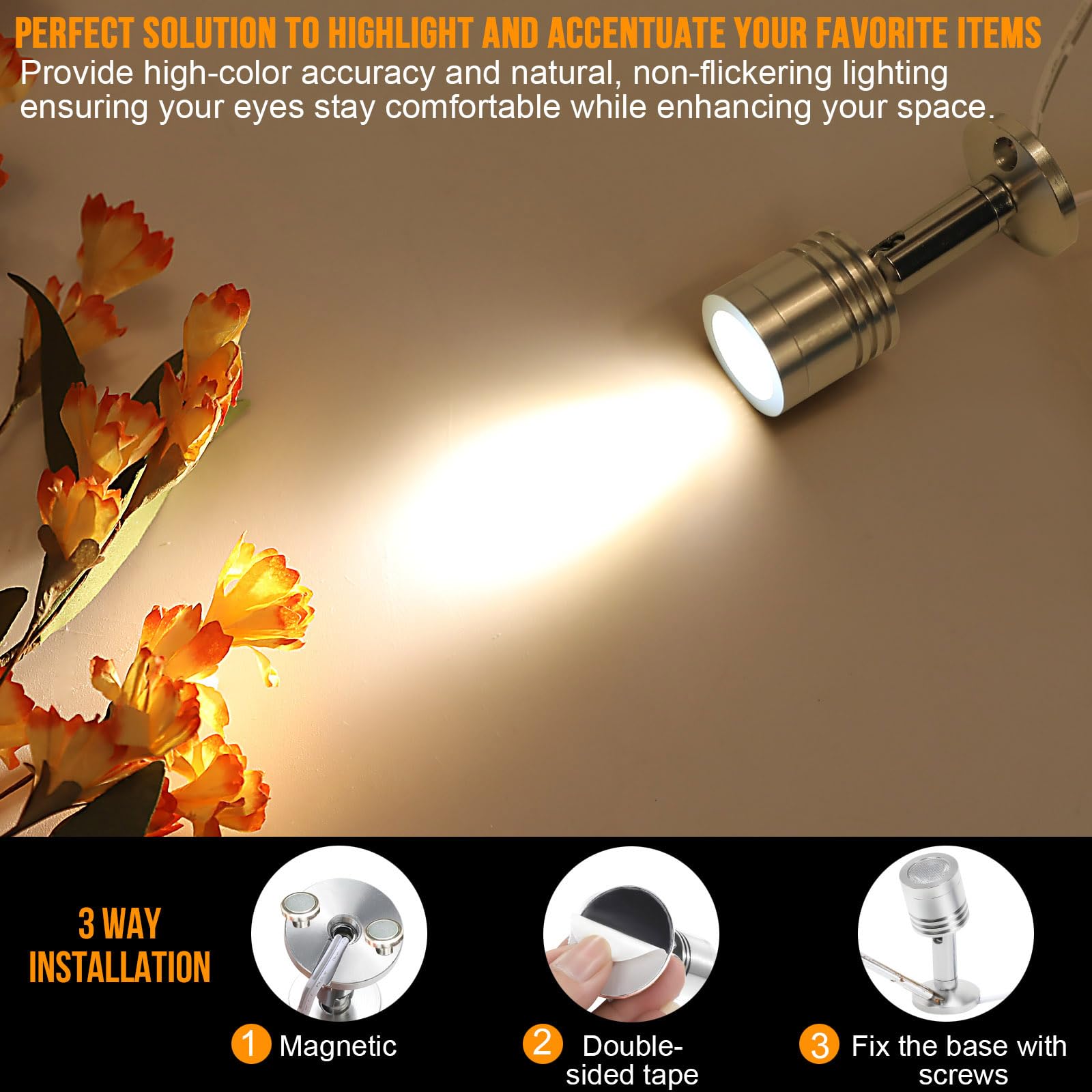 Taysing Soft White LED Spot Lights - 6 Pack Indoor Accent Lighting for Art, Jewelry, and Picture Displays with Push Switch