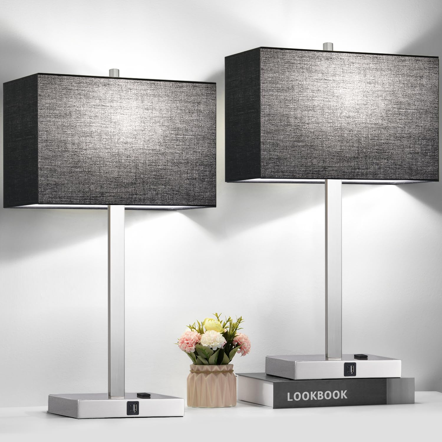 Lynnoland 21'' Table Lamps with USB-A+C & AC Outlets, Touch Control 3-Way Dimmable Nightstand Lamps for Bedroom Living Room Offi