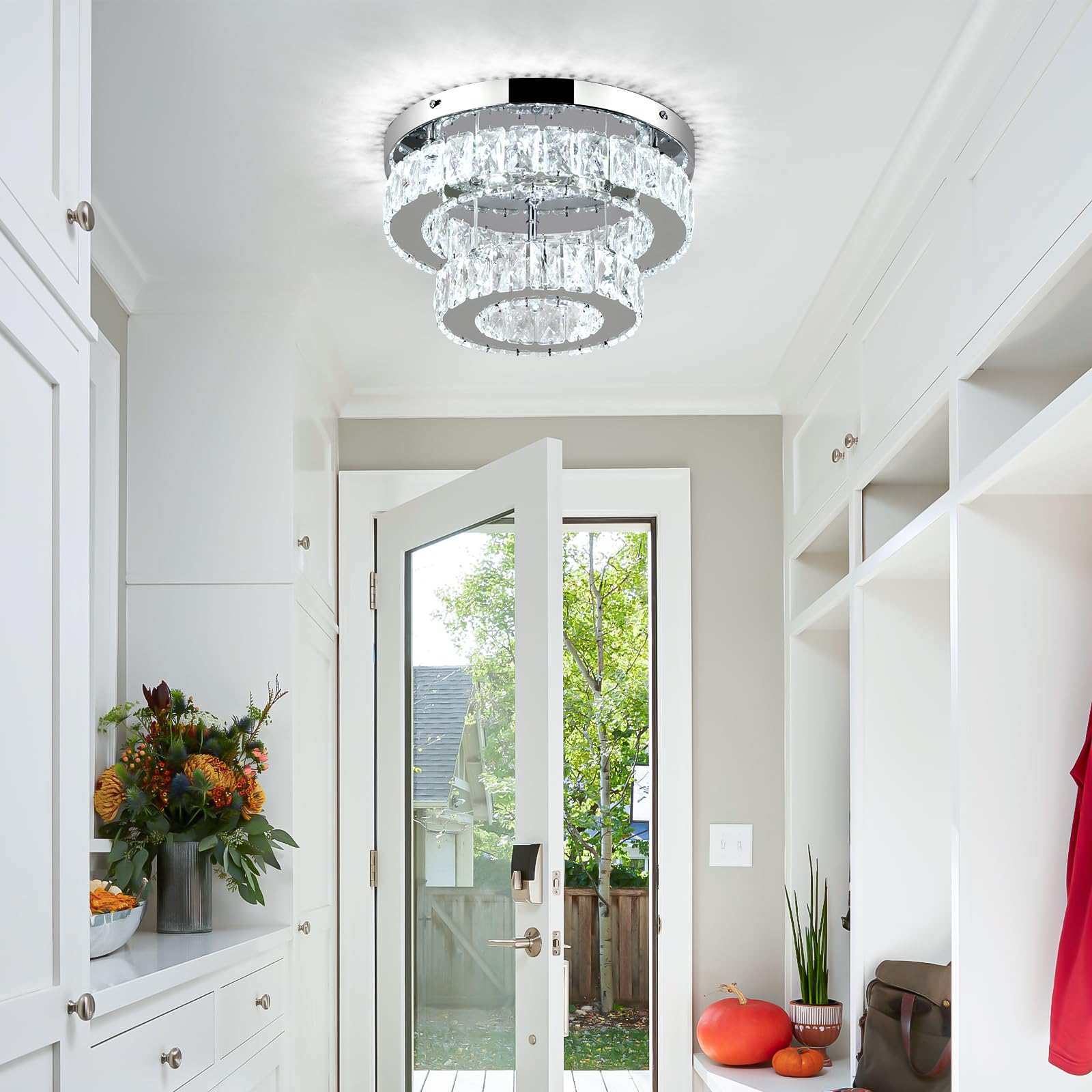 11.8 Inch Modern Mini Crystal Chandelier Led Flush Mount Ceiling Light - 2 Layer K9 Crystal, Small Chandelier For Bedroom, Hallw