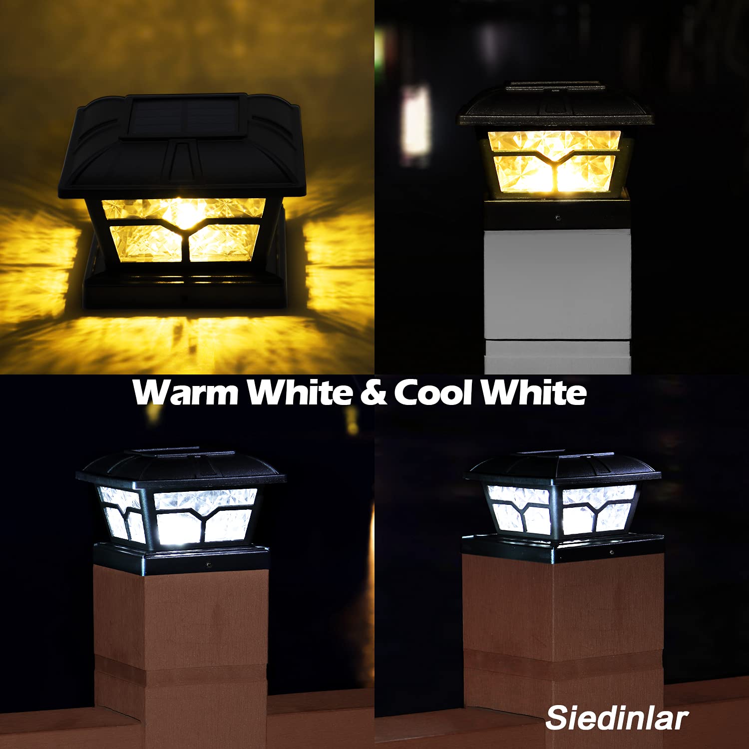 Siedinlar Solar Post Cap Lights Outdoor 2 Color Modes 8 Leds For 4X4 5X5 6X6 Posts Fence Patio Deck Decoration Warm White & Cool