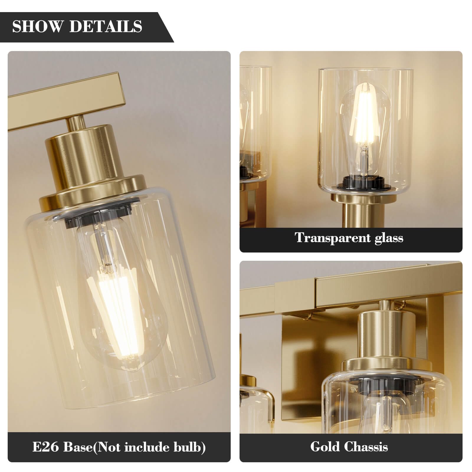 DIKAIDA 2-Light Vanity Lights, Brushed Gold Metal Bath Fixture with Clear Glass Shade, Model JS-2