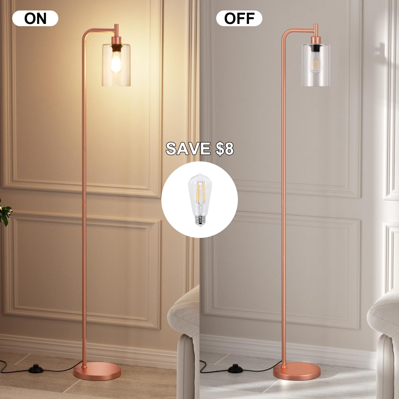 Ziisee Floor Lamp With Clear Glass Shade - Industrial Standing Lamp With Led Bulb, Modern Tall Floor Lamps For Living Room Bedro