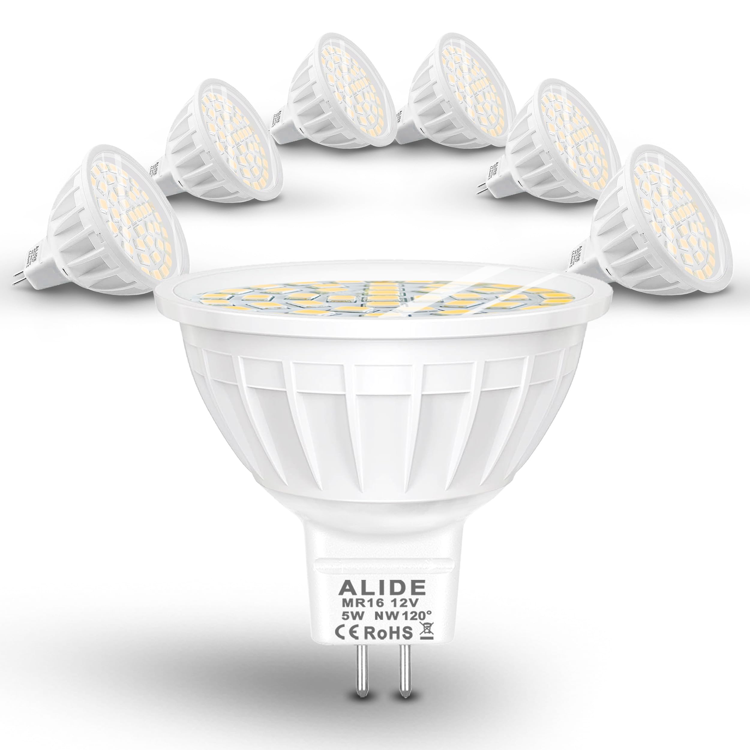 Alide Mr16 50W Led Bulbs Replacement,5W Mr16 Gu5.3 Bi Pin 4000K Natural White,Wide Angle 120 Degree Beam,12V Mr16 Led Bulb For O