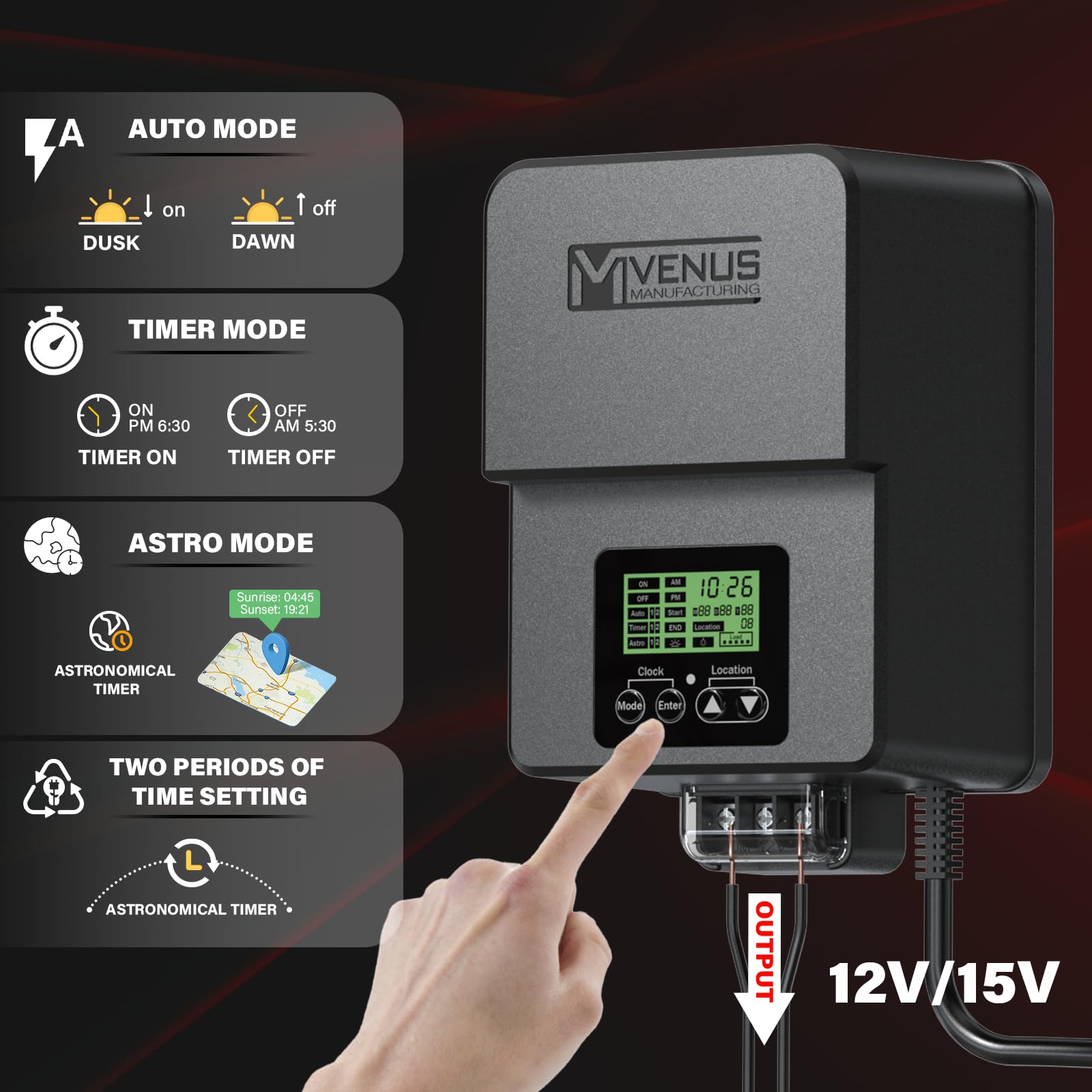 Venus Manufacturing Outdoor Low Voltage Transformer 300W Landscape Lighting Transformer With Timer And Built-In Photo Sensor 120V Ac To 12V-15V Ac For Led Spotlight, Pathway Garden Lighting