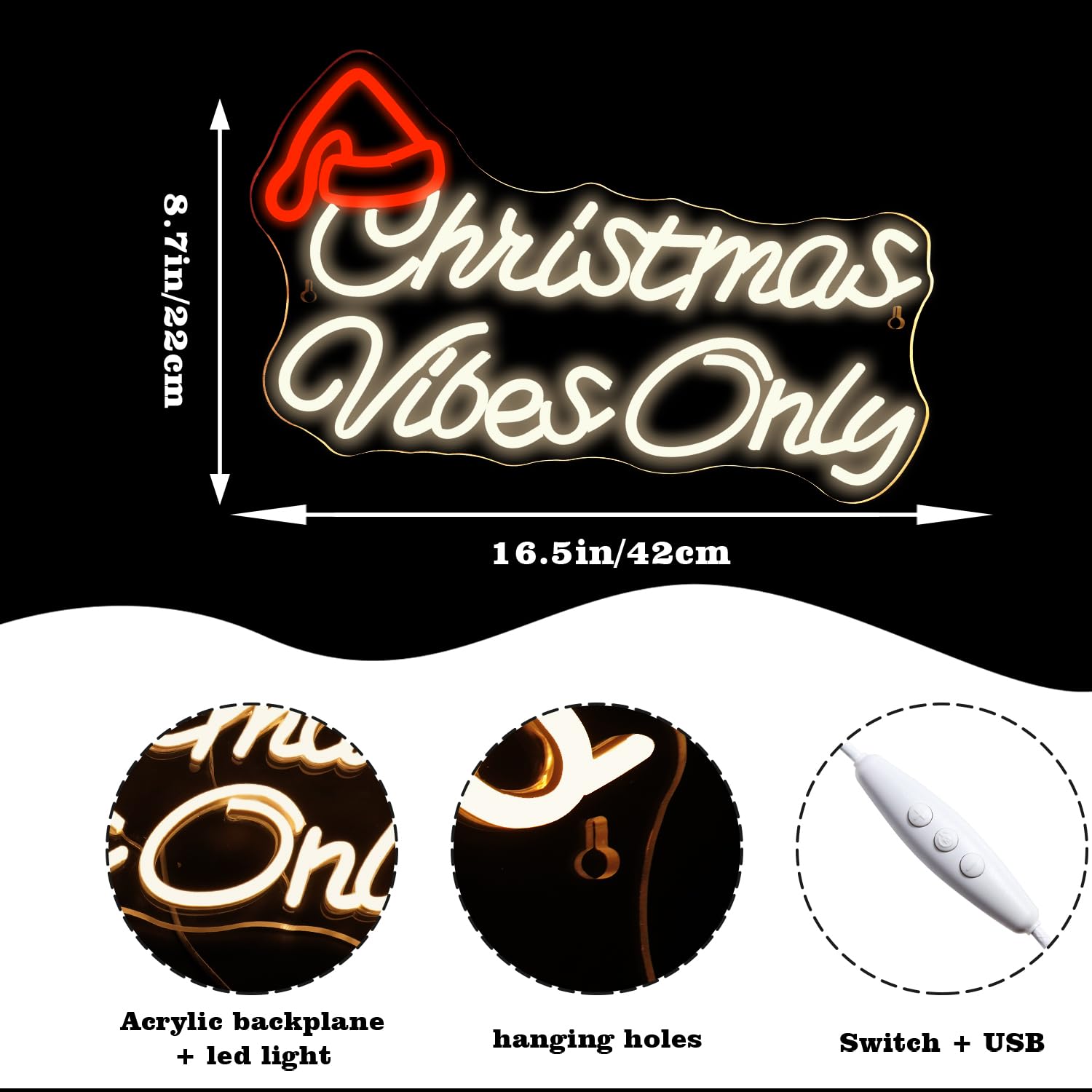Looklight Christmas Window Lights Christmas Vibes Only Neon Signs For Wall Decor Cute Red Santa Claus Hat Warm White Led Lights For Bedroom Home Living Room Door Bar Party Decoration Gifts