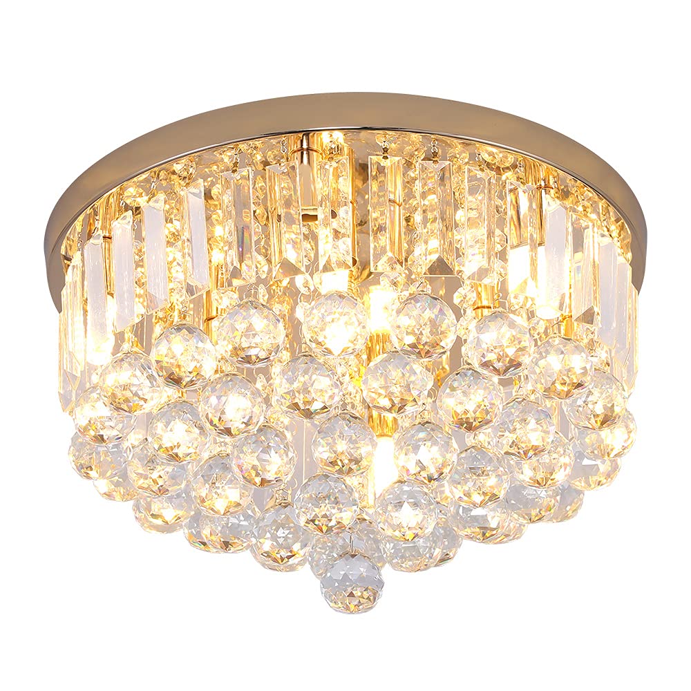 Gopmmy Mini Crystal Chandelier Ceiling Light,Flush Mount Modern Round K9 Crystal Raindrop Ceiling Lighting Fixture for Dining Ro