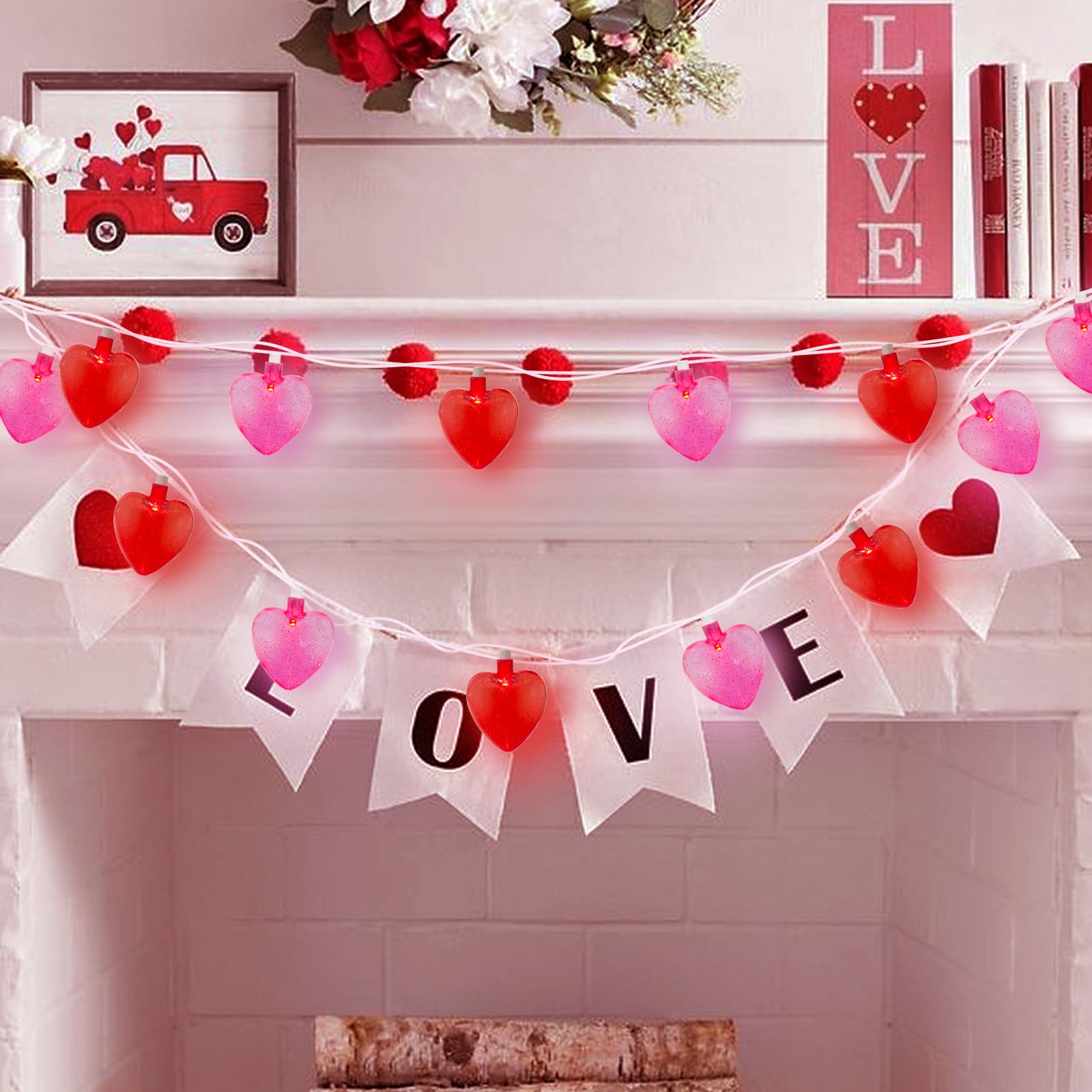 GOOTHY Heart String Lights - 8.5Ft Pink & Red Glitter Heart Fairy Lights for Valentine's Day Decor, Indoor/Outdoor Use