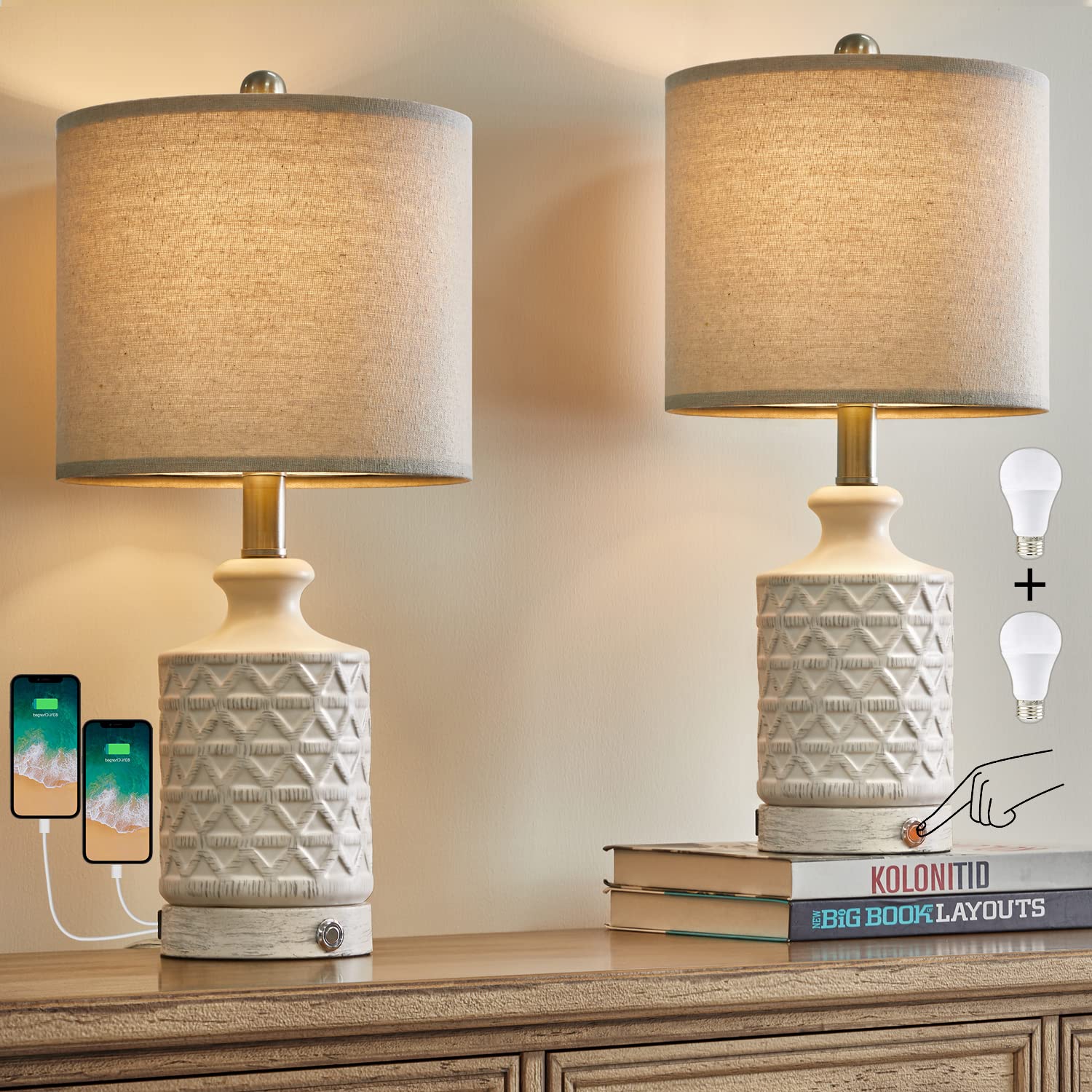 PoKat 20in Ceramic Table Lamps Set of 2, 3 Way Dimmable Nightstand Lamps for Bedroom, Living Room, White, Model AMZ-T1029S-AW-TU